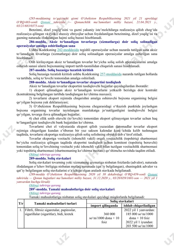omonidan belgilanadigan tartibda insonparvarlik yordami sifatida olib kirish; davlatlar, hukumatlar, xalqaro tashkilotlar orqali xayriya yordami maqsadida, shu jumladan texnik ko‘mak ko‘rsatish maqsadida olib kirish; oldingi tahrirga qarang. agar ular olib kirilayotganda soliqdan ozod etilishi qonunda nazarda tutilgan bo‘lsa, xalqaro moliya institutlarining qarzlari va hukumat tashkilotlarining xalqaro qarzlari hisobidan olib kirish; (284-modda ikkinchi qismi 4-bandining to‘rtinchi xatboshisi o‘zbekiston respublikasining 2020 yil 30 dekabrdagi o‘rq-659-sonli qonuni tahririda — qonun hujjatlari ma’lumotlari milliy bazasi, 31.12.2020 y., 03/20/659/1681-son — 2021 yil 1 yanvardan kuchga kiradi) oldingi tahrirga qarang. 5) aksiz to‘lanadigan tovarlarni o‘zbekiston respublikasining bojxona hududiga soliq solinmaydigan tovarlarni olib kirish normalari doirasida jismoniy shaxslar tomonidan import qilish. o‘zbekiston respublikasi hududiga soliq solinmaydigan tovarlarni jismoniy shaxslar tomonidan olib kirishning eng yuqori normalari qonunchilikda belgilanadi; (284-modda ikkinchi qismining 5-bandi o‘zbekiston respublikasining 2021 yil 21 apreldagi o‘rq-683-sonli qonuni tahririda — qonunchilik ma’lumotlari milliy bazasi, 21.04.2021 y., 03/21/683/0375-son) 6) vakolatli davlat organining yozma shakldagi tasdig‘i bo‘lgan taqdirda, …
