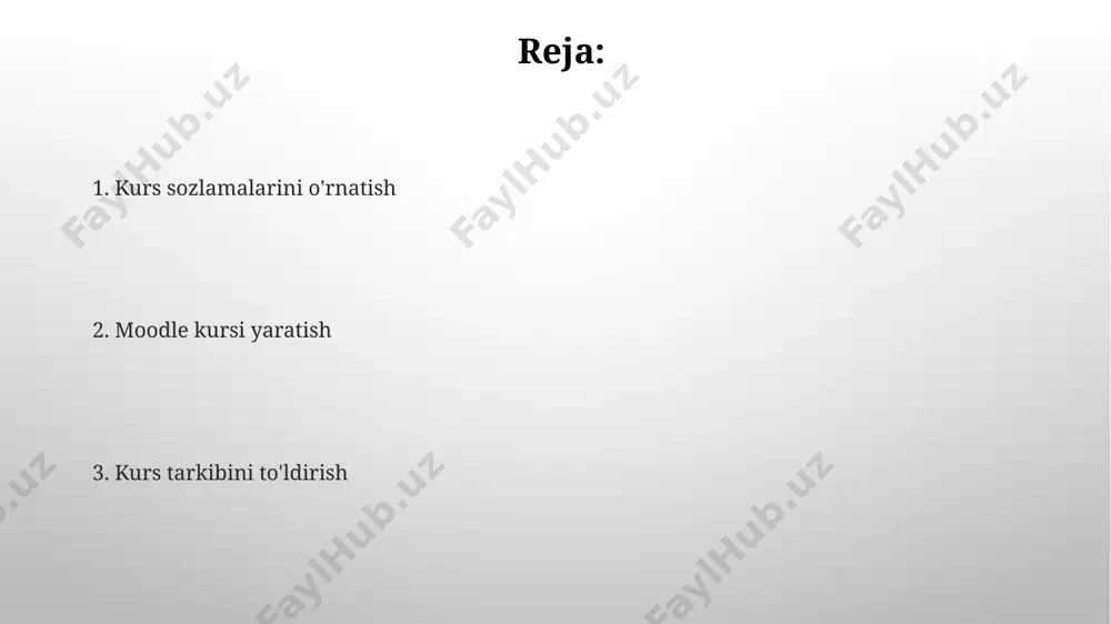 ularni moodle avtomatik ravishda qo‘llab-quvvatlaydi; boshqa formatlar uchun plaginlar yoki konvertatsiya kerak bo‘lishi mumkin. moodle’da 5 mb dan katta fayllarni yuklash uchun, server sozlamalarini tekshirish va ehtimol, ftp yoki boshqa kengaytirilgan usullarni qo‘llash kerak bo‘lishi mumkin. kurs tarkibini rejalashtirish har bir modulga tegishli bo'lgan resurslar (video, audio, hujjatlar)ni oldindan tayyorlash va ularni moodle tizimiga yuklash, shuningdek, kamida 2 xil o'quv faoliyat turini kiritish kerak. kurs tarkibini rejalashtirishda o'quv maqsadlarini aniq 3-5 ta o'lchovli natijalar bilan belgilash va har bir modul uchun aniq vaqt jadvalini tuzish muhim ahamiyatga ega. muddatlar va topshiriqlarni belgilash har bir topshiriq uchun alohida topshiruv ko‘rsatmalari, namunalar va ballar taqsimotini aniqlab qo‘yishingiz mumkin. masalan, 5 balllik insho uchun 2 ball grammatika va 3 ball mazmun uchun ajratishingiz mumkin. moodle avtomatik ravishda topshiriqlarni qabul qilish muddatini kuzatib boradi va talabalarga topshirilgan ishlarni ko'rsatib beradi. shuningdek, siz topshiriqlarni muddatdan keyin topshirishga ruxsat berish yoki qo'shimcha penalti qo'llash imkoniyatiga egasiz. …