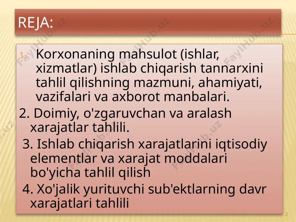 bo’yicha o’rganish va ularga baho berish; – mehnat unumdorligi bilan ish haqi xarajatlari o’rtasidagi nisbatni o’rganish 8 -tannarxning o’zgarish sabablarini aniqlash va unga ta’sir etuvchi omillarni miqdor jihatidan hisoblash; -ayrim turdagi mahsulot tannarxini xarajat moddalari bo’yicha tahlil etish; -tannarxni pasaytirish bo’yicha mavjud imkoniyatlarni aniqlash va hakozo. asosiy axborot manbalari : statistik hisobot ma'lumotlari; 5-c "xarajatlar bo'yicha hisobot";1-t shakli "mehnat to'g'risida hisobot"; moddiy, mehnat va pul xarajatlarini aks ettiruvchi sintetik va analitik hisob ma'lumotlari, mahsulot va alohida mahsulotlarni (ishlarni, xizmatlarni) ishlab chiqarish va sotish xarajatlari to'g'risidagi normativ ma'lumotlar. 9 turli tasniflash mezonlariga ko'ra, korxona xarajatlarini quyidagi asosiy guruhlarga ajratish mumkin: 10 ishlab chiqarish jarayonida ularning vazifasiga qarab: noishlab chiqarish xarajatlari ishlab chiqarish xarajatlari; 11 ishlab chiqarish tannarxiga munosabatiga qarab: bilvosita xarajatlar to'g'ridan-to'g'ri xarajatlar 12 sotilgan mahsulotlardan hisobdan chiqarish vaqtiga qarab davr xarajatlari ishlab chiqarish tannarxiga kiritilgan xarajatlar 13 sotilgan mahsulotlarning o'zgarishiga qarab o'zgaruvchan xarajatlar doimiy xarajatlar aralash xarajatlar ishlab chiqarish xarajatlari …