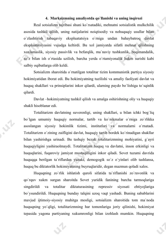 partiyaning buyruqlari, mafkuraviy ko`rgazmalarini huquq deb ko`rsatish uchun qulaylik yaratar edi. "to`liq kommunizmda" davlat va huquqni "o`lishi" haqidagi marksizm mafkurasidagi bashorat haqiqatda davlatchilik va huquqiy me`yorlar va institutlarning (shu jumlada davlat hokimiyatining bo`linishi) inkor qilishdan iborat bo`ldi. chunki sotsializm davridayoq huquqiy me`yorlar proletar diktaturasining buyruq aktlari va jazolash muassasalari bilan amalga oshira boshladi. real hokimiyat kommunistik partiya qo`liga o`tdi. turli vakolatli, ijroiya va sud tuzilmalari to`liq partiya qarorlariga bog`liq edi, ular bezak vazifasini bajarar edi xolos. kommunistik partiyaning proletariat diktaturasi tizimida tutgan rahbarlik roli hokimiyatning bo`linish prinsipini inkor qiladi. bu yerda sotsialistik amaliyot barcha boshqa munosabatlardagi kabi to`liq kommunistik ta`limotga tayanar edi. bu ta`limot partiyaviy-sinfiy diktaturadan boshqa davlatchilikni tan olmas edi. o`zini obro`sizlantirgan (ayniqsa shaxsga sig`inish, katag`onlar davrida) "proletariat diktaturasi" tushunchasi 60 chi yillar boshida proletariat diktaturasidan umumxalq davlatiga o`tish qoidasi bilan almashtirildi. biroq bu qoidaning o`zi ham, uning 1977 yil konstitutsiyasida ifodalanishi ham rasmiy harakterga ega edi, chunki kpss …