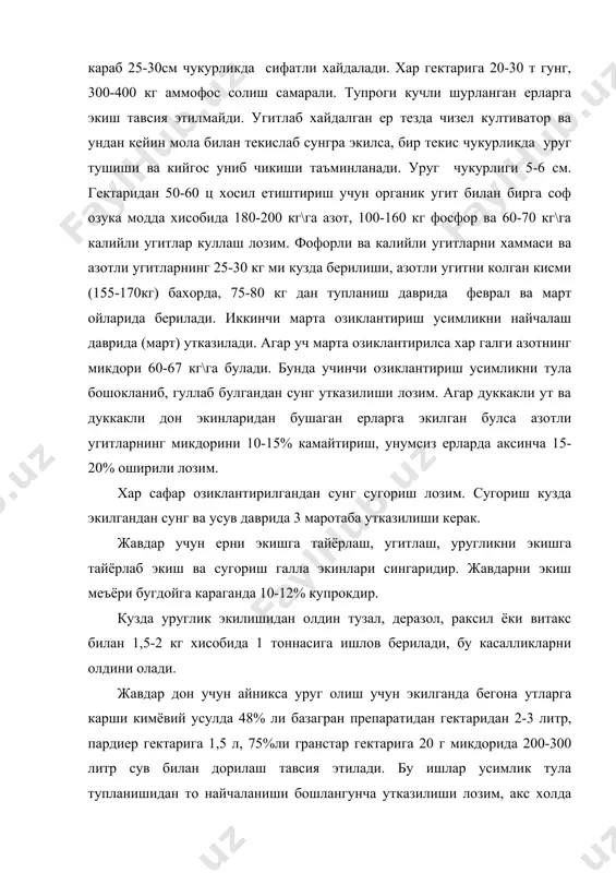 уриш вактида комбайнни янчиш аппарати тиркишларини бугдойни уришга нисбатан бир оз каттарок куйиш зарур. акс холда донлари куплаб шикастланиши, хатто майдаланиши мумкин. комбайнни бугдой созлаш айникса уруглик майдонларини уришда жуда жуда хам зарур, чунки куп микдорда кондицион уруг чикишида уругни дарз кетиши ёки синиши, майдаланишини олдини олади. кузги жавдарни экин майдонларини кенгайтириш, илгор технологиялар куллаш, хосилдорликни кутариш республикамизда дон етиштириш салохиятининг юксалтиришнинг мухим замини булади. адабиётлар: 1. х.атабаева, з.умаров, х.буриев ва бош.-усимликшунослик-т.мехнат, 2000 2. п.п.вавилов- растениеводство м .,колос .1986. 3. в.н.чирков –усимликшунослик \практикум т.,укитувчи. 1976. 4. б. виноградов, х.атабаева, а.дементьева –растениеводствот, мехнат1987. 5. в.н. чирков –дон экинлари т., укитувчи 1975 6. технические культуры м.,во агропромиздат,1986 7. к.н. кеферов биологические основы растениводство, м.,высшая школа , 1975. 8. д.зауров, м. сборшикова, рисоводство , т.,мехнат ,1989 9. д.т.абдукаримов, с.х. хушвактов, э.у.умурзоков, тамакичилик , т.,мехнат,1985 10. н.и. вавилов .пять континентов , л., наука,1987 11. х.н.атабаева-технология возделывания сои в узбекистане-т.1989 12. г. к., курбонов –арпа …