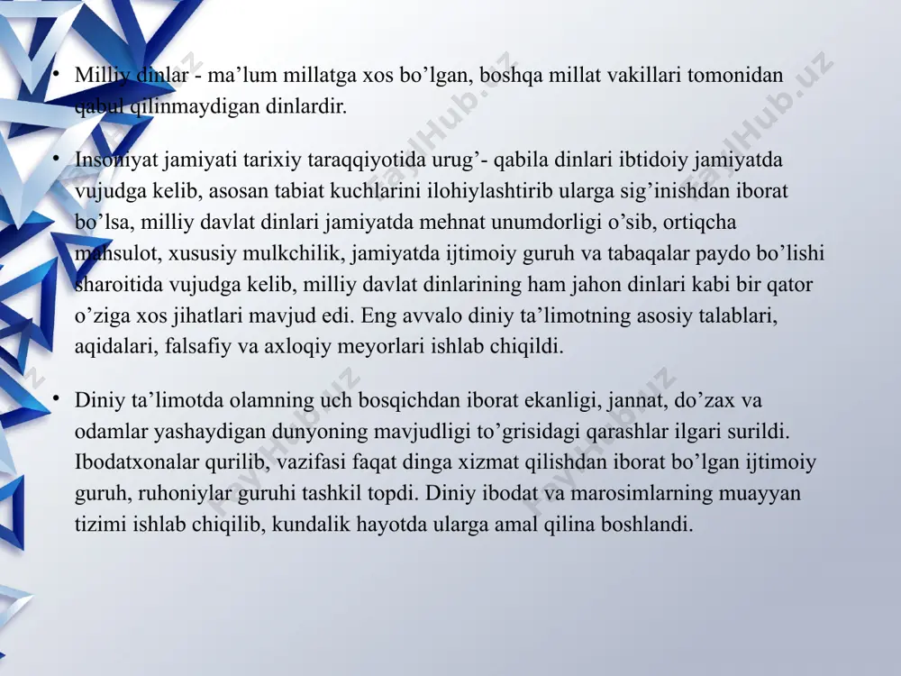 ko’psonli e’tiqod qiluvchilar orasida o’ziga yarasha farqli va umumiy bo’lgan jihatlariga egadir. hinduizmda eng avvalo vedalar muqaddas bo’lib hisoblanadi.undan keyin “maxabxarata” singari xalq og’zaki ijodi namunalari ham muqaddas yozuvlar qatoriga qo’shiladi.hinduizm dinida braxmanlar asosiy, imtiyozli kasta bo’lib hisoblanadi.hinduizmga taalluqli bo’lgan adabiyotlarning ko’pchiligi braxmanlar tomonidan yaratilgan. braxmanlar hinduizmni zamon talablariga moslashtirib, yangi qonun- qoidalarni ishlab chiqib turli oqimlarni yuzaga keltirdilar. hinduizmga e’tiqod qiluvchi braxmanlar turli yo’llar bilan kasta, varna tizimini tan olmagan va inkor etgan o’z raqiblari bo’lgan buddaviylarga qarshi kurash olib borganlar. shu bilan birgalikda hinduizmning braxmanizmdan farqli jihatlari ham mavjud bo’lib, braxmanizm braxmanlarning kelib chiqishi faqat oliy tabaqa vakillaridan iborat deb hisoblasa, hinduizm ta’limotiga ko’ra braxmanlar nafaqat oliy tabaqa vakillaridan, balki oddiy xalq ichidan, hatto ayollardan ham bo’lishi mumkindeb hisoblanadi. hinduizmda e’tiqod qilinuvchi asosiy xudolar trimurti ya’ni uchlikdan iborat bo’lib, unga braxma, vishnu, shiva xudolari kiradi. bu uch xudodan eng kattasi dunyoni yaratgan xudo braxma bo’lib hisoblanadi.braxma dunyoni yaratgan …