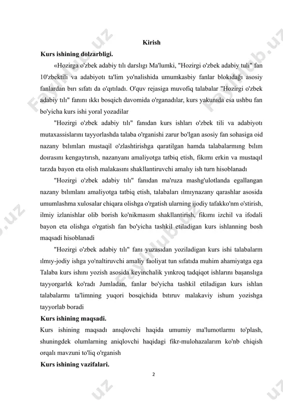 tadqiqot ishlarını başanslıga tayyorgarlık ko'radı jumladan, fanlar bo'yicha tashkil etiladigan kurs ishlan talabalarmı ta'limning yuqori bosqichida bıtıruv malakaviy ishum yozishga tayyorlab boradi kurs ishining maqsadi. kurs ishining maqsadı anıqlovchi haqida umumiy ma'lumotlarmı to'plash, shuningdek olumlarning aniqlovchi haqidagi fikr-mulohazalarım ko'nb chiqish orqalı mavzuni to'liq o'rganish kurs ishining vazifalari. kurs ishining bosh vazifası sıfatıda ta'lım bosqichlan ona tili ta' lımı jarayonida aniqlovchi mavzusını va uning o'rganılısh tadqıqını ochib berish masalası belgılandı shunga ko'ra kurs ishim yoritish davomida ta'lim bosqichlarida antaksıs bo o'limining alohida clingan aniqlovchi mavzularını o'qitishga doir turli xil qarashlarm o'rganish, um o'qitish bilan bog'liq ilımıy-nazany va metodik adabıyotlarnı tahlıl qılısh, mavzuning yontilganlik darajasını va mavjud muammoları anıqlash, kurs ishi mavzusining o'rganilganlik darajasi. o'zbek tilshunosligida sodda gap turları, qurilishi mavzulan haqida n mahmudov, a nurmonov "o'zbek timing nazany grammatikası" asanda ma'lumot bergan shuningdek sayfullayeva r. r., mengliyev b. r. boqiyeva g h, qurbonova m m., yunusova z q. abuzalova mq "hozirgi …