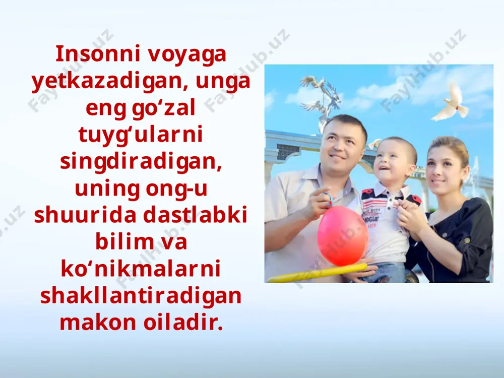 amlakatimizda san’at sohasida yunus rajabiy asos solgan rajabiylar sulolasi, sirk sohasida toshkentboyevlar sulolasi va boshqa sulolalar bor. yunus rajabiy mustaqillik yillarida yurtimizda birinchi bor qarshi shahrida «elyurt tayanchi» degan nom bilan oilaga haykal qo‘yildi. qarshi. «el-yurt tayanchi» haykali savol va topshiriqlar: 1. ertalab oilada avvalo kimga salom berasiz? 2. onangiz sizga qanday alla aytganini eslaysizmi? 3. «ota rozi – xudo rozi» degan maqolni qanday tushunasiz? 4. ona haqida to‘rt qator she’r aytib bera olasizmi? 5. rasmlarga qarab, oilaning inson tarbiyasiga ta’siri haqida gapirib bering. image2.jpeg image3.jpg image4.jpeg image5.jpeg image6.emf image7.jpeg image8.jpeg image9.jpeg image10.jpeg image11.jpeg image12.jpeg image13.emf image14.jpeg image15.gif image16.emf image1.jpeg