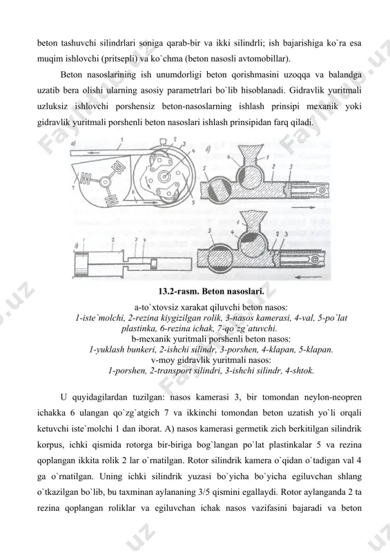 avlik yuritmali uzluksiz ishlovchi porshensiz beton-nasoslarning ishlash prinsipi mexanik yoki gidravlik yuritmali porshenli beton nasoslari ishlash prinsipidan farq qiladi. 13.2-rasm. beton nasoslari. a-to`xtovsiz xarakat qiluvchi beton nasos: 1-iste`molchi, 2-rezina kiygizilgan rolik, 3-nasos kamerasi, 4-val, 5-po`lat plastinka, 6-rezina ichak, 7-qo`zg`atuvchi. b-mexanik yuritmali porshenli beton nasos: 1-yuklash bunkeri, 2-ishchi silindr, 3-porshen, 4-klapan, 5-klapan. v-moy gidravlik yuritmali nasos: 1-porshen, 2-transport silindri, 3-ishchi silindr, 4-shtok. u quyidagilardan tuzilgan: nasos kamerasi 3, bir tomondan neylon-neopren ichakka 6 ulangan qo`zg`atgich 7 va ikkinchi tomondan beton uzatish yo`li orqali ketuvchi iste`molchi 1 dan iborat. a) nasos kamerasi germetik zich berkitilgan silindrik korpus, ichki qismida rotorga bir-biriga bog`langan po`lat plastinkalar 5 va rezina qoplangan ikkita rolik 2 lar o`rnatilgan. rotor silindrik kamera o`qidan o`tadigan val 4 ga o`rnatilgan. uning ichki silindrik yuzasi bo`yicha bo`yicha egiluvchan shlang o`tkazilgan bo`lib, bu taxminan aylananing 3/5 qismini egallaydi. rotor aylanganda 2 ta rezina qoplangan roliklar va egiluvchan ichak nasos vazifasini bajaradi va …