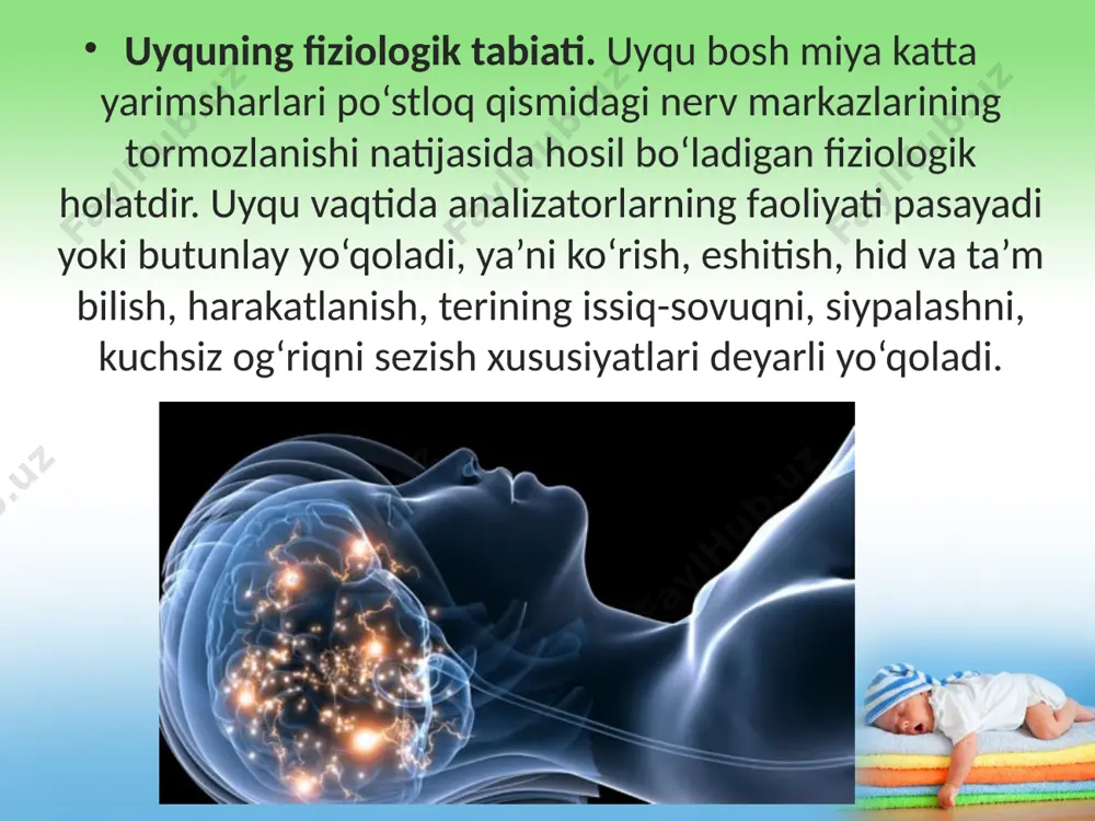 ikning oldini olish uchun avvalo odam kun tartibiga rioya qilishi kerak. tush ko‘rish — uyquda sodir bo‘ladigan subyektiv-psixik hodisa. chuqur uyqu vaqtida bosh miya po‘stloq qismining nerv hujayralari butunlay tormozlanadi va bunda tush ko‘rilmaydi. uyqu yuzaki bo‘lganida bosh miya po‘stlog‘ining ayrim qismlaridagi, ayniqsa, ensa qismidagi ko‘rish markazining nerv hujayralari to‘liq tormozlanmaydi, ya’ni ularning ba’zilari kuchsiz qo‘zg‘alish holatida bo‘ladi. ana shu vaqtda tush ko‘rish sodir bo‘ladi. i. m. sechenov „tush ko‘rish — bu odam ko‘rgan-kechirganlari ta’sirining uyqu vaqtida aralash-quralash holdagi ko‘rinishidir“, degan edi. e’tiboringiz uchun rahmat image2.jpeg image3.jpeg image4.gif image5.gif image6.png image7.png image8.png image9.gif image1.jpeg /docprops/thumbnail.jpeg