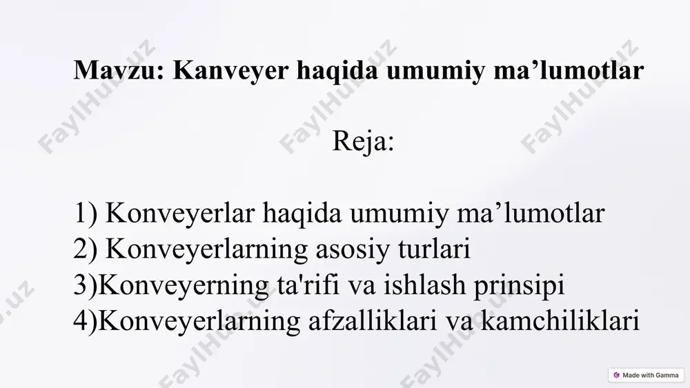 sh ishlab chiqarish jarayonlarini optimallashtirish 3 samaradorlik mahsulotlarni tez va arzon tashish u ikkita tarmoqli elektron konveyerlarni signalizatsiya qilish, boshqarish va himoya qilish uchun mo'ljallangan. konveyerlar quyma yuklarni bir yo'nalishda tashish uchun mo'ljallanganligi sababli, ishga tushirish 1-konveyerdan amalga oshiriladi d1, d2-motorlar ad kz, kl1, kl2-motor tarmog'ini uzish uchun kontaktorlar, "ishga tushirish" va "to'xtatish" tugmachalarini boshqarish, boshqarish rejimi - qo'lda, qisqa tutashuvdan himoya qilish, ortiqcha yukdan himoya qilish - rt termal rölesi, signal elementlari - lk1 va lk2 lampalar. va kiritish qurilmasi yoqilgan, lz1 va lz2 lampalar yoqilgan, konveyerlar yuklangan. pr1 va pr2, va va qisqa tutashuv oqimlaridan himoyalangan. bloklash ta'minlanadi - agar oldingi ishlamasa, konveyerni ketma-ket ishga tushirish mumkin emas. 2 ta qo'shma konveyerning elektr yuritmalari uchun elektron boshqaruv sxemasi konveyer turlarining tasnifi konveyerlar turli xil turlarga bo'linadi, ularning har biri ma'lum bir vazifani bajarish uchun mo'ljallangan. tasma konveyerlari eng keng tarqalgan turi bo'lib, uzun masofalarga mos keladi. g'altakli konveyerlar …
