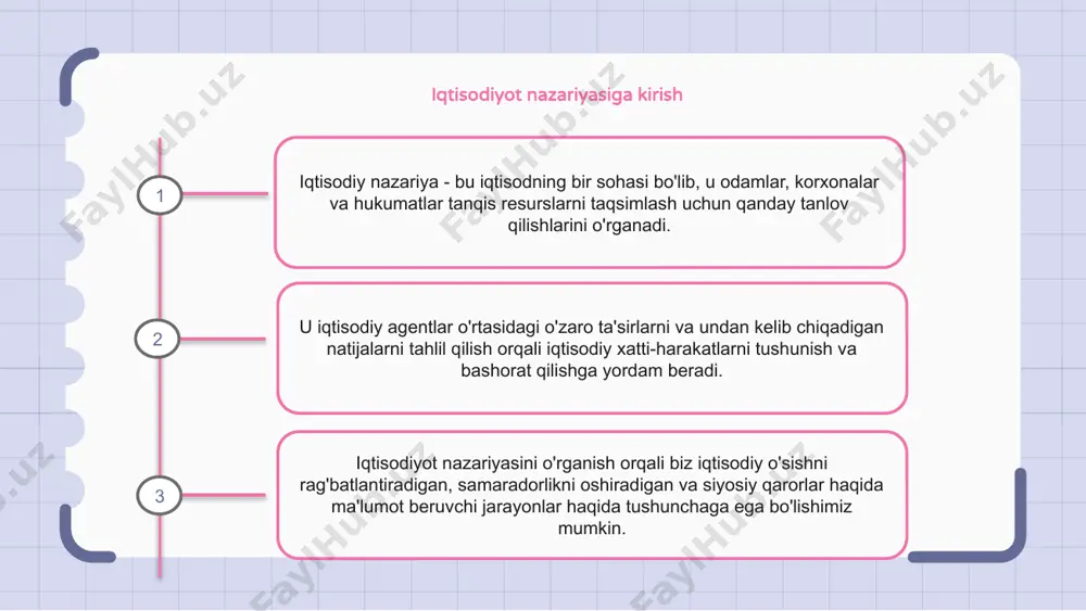 a farovonlik dasturlari hukumatlar tomonidan tengsizlikni bartaraf etish uchun foydalaniladigan vositalardir. biroq, hukumatning aralashuvi darajasi munozarali mavzudir. ba'zilar hukumatning cheklangan ishtirokini ta'kidlasa, boshqalari yanada kengroq tartibga solish va ijtimoiy farovonlik dasturlarini himoya qiladi. nazariy jihatdan iqtisodiy o'sish iqtisodiy o'sish iqtisodiy nazariyaning asosiy tushunchasi bo'lib, vaqt o'tishi bilan mamlakatda tovar va xizmatlar ishlab chiqarishning ko'payishini anglatadi. u odatda real yaim yoki aholi jon boshiga to‘g‘ri keladigan yaimning o‘zgarishi bilan o‘lchanadi va texnologik taraqqiyot, kapital qo‘yilmalar va davlat siyosati kabi omillar ta’sirida bo‘ladi. iqtisodiy o'sishning nazariy modellari, masalan, solou-swan modeli, iqtisodiy o'sishning uzoq muddatli tendentsiyalari va determinantlarini tushuntirishga qaratilgan. makroiqtisodiy nazariyalar makroiqtisodiy nazariyalar - bu umumiy iqtisodiyotning xatti-harakatlarini tushuntiruvchi g'oyalar va modellar to'plami. bu nazariyalar ko'pincha ishsizlik, inflyatsiya va iqtisodiy o'sish kabi masalalarga qaratilgan. eng mashhur makroiqtisodiy nazariyalardan ba'zilari keyns iqtisodini, monetarizmni va taklif iqtisodiyotini o'z ichiga oladi. 1 2 3 mikroiqtisodiy nazariyalar mikroiqtisodiy nazariyalar odamlarning iqtisodiy qarorlarni qanday qabul qilishini va …