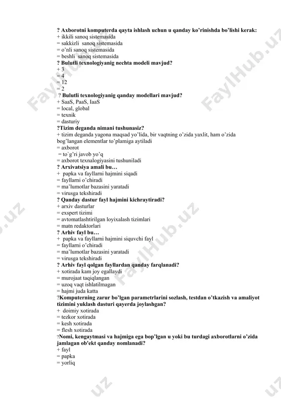 amal bajaruvchi texnik qurilma = analog signallarni elektr signallarga o’tkazib beruvchi va aksincha amal bajaruvchi texnik qurilma = analog signallarni tovush signallarga o’tkazib beruvchi va aksincha amal bajaruvchi texnik qurilma ? kuller qurilmasining vazifasi? + qurilmalarni sovitish = malumotlarni saqlash = 2 lik tizimiga o’tkazish = malumotlarni chop etish ? quydagi dasturlardan qaysi kompyuter yoqilishi bilan ishga tushadi +operatsion sistema = boshllang’ich yuklash dasturi =monitorni tekshirish dasturi = to`g’ri javob yo’q ? axborotni komputerda qayta ishlash uchun u qanday ko’rinishda bo’lishi kerak: + ikkili sanoq sistemasida = sakkizli sanoq sistemasida = o’nli sanoq sistemasida = beshli sanoq sistemasida ? bulutli texnologiyanig nechta modeli mavjud? + 3 = 4 = 12 = 2 ? bulutli texnologiyanig qanday modellari mavjud? + saas, paas, iaas = local, global = texnik = dasturiy ?tizim deganda nimani tushunasiz? + tizim deganda yagona maqsad yo’lida, bir vaqtning o’zida yaxlit, ham o’zida bog’langan elementlar to’plamiga aytiladi = …