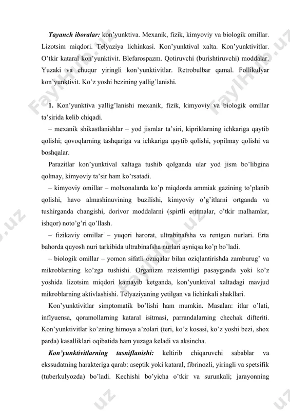 yuzaga keladi va aksincha. kon’yunktivitlarning tasniflanishi: keltirib chiqaruvchi sabablar va ekssudatning harakteriga qarab: aseptik yoki kataral, fibrinozli, yiringli va spetsifik (tuberkulyozda) bo’ladi. kechishi bo’yicha o’tkir va surunkali; jarayonning chuqurligiga qarab yuzaki va chuqur (parenximatoz yoki to’g’rirog’i flegmonozli); itlarning uchinchi qovoq follikullari zararlanishida – follikulyar kon’yunktivitlar uchraydi. o’tkir kataral kon’yunktivitning etiologiyasi yuqorida keltirilgan. bu kasallik barcha qishloq xo’jalik hayvonlarida tez–tez uchrab turadi. bu kasallikda kon’yunktivaning epitelial qatlami va bazal membranasi yallig’lanadi. o’tkir shaklida ular ekssudat va hujayrali elementlar bilan infiltratsiyalanadi, surunkali shaklida esa u yerda biriktiruvchi to’qima o’sadi. klinik belgilar. o’tkir yallig’lanishda blefarospazm – qovoqlarning yopilishi, ya’ni yorug’dan qo’rqish; ko’zning ichki burchagidan loyqasimon –shilimshiq harakterga ega ko’z yoshi oqishi kuzatiladi. kon’yunktiva qizargan va shishgan, og’riqli, mahalliy harorati oshgan bo’ladi. surunkali yallig’lanish hayvon oriqlaganda, qariganda (ko’z cho’kadi), a vitaminning miqdori kamayishi va lizosimning aktivligi pasayishida rivojlanadi. o’tkir shakliga qaraganda ancha yengil kechadi – yorug’dan qo’rqish belgilari yo’qoladi, ko’z yoshining oqishi doimiy, lekin …