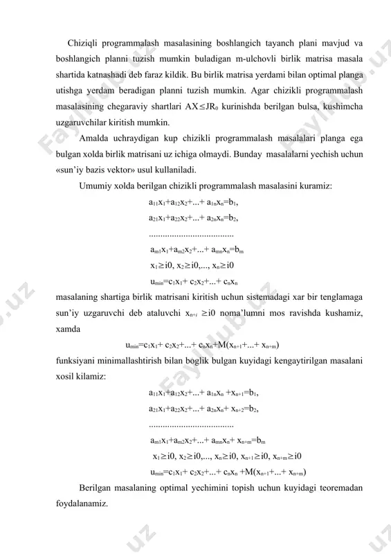 n foydalaniladi. jadvalning (m+1) va (m+2) -katorini tuldirish uchun yj-cj ayirmani yj-cj=aj+bjm kurinishda ifodalanadi. bazisga (m+2)- katorning musbat elementlarining eng kattasi mos keluvchi vektor kiritiladi. xamma sun’iy bazis vektorlar bazisdan chikarilguncha (m+2)- katordan sungra, optimal plan topilgunga kadar (m+1)- katordan foydalaniladi. masalani simpleks usul kullab yechish jarayonida m+2 – katordagi koeffisiyentlarning barchasi manfiy bulsa, masala optimal yechimga ega bulmaydi yoki max j ustunda birorta xam musbat element katnashmasa, berilgan chizikli programmalash masalasining bazis yechimi mavjud bulishi mumkin, optimal yechimi mavjud bulmaydi. simpleks usul algoritmi bu xolda xam takrorlanadi. buni misolda tushuntirish va sun’iy bazis usulini afzalliklarini kursatish kerak. bu talabalarga mustakil ishlash uchun koldirildi. mustakil yechishga doir masalalalar kuyidagi chizikli programmalash masalasi yechilsin. 1. 2. 3. 4. oleobject3.bin image4.wmf oleobject4.bin image5.wmf oleobject5.bin image6.png image7.png image8.png image1.wmf oleobject1.bin image2.wmf oleobject2.bin image3.wmf 3 , 1 , 0 0 3 2 max 3 2 1 3 2 1 3 2 1 = ³ …