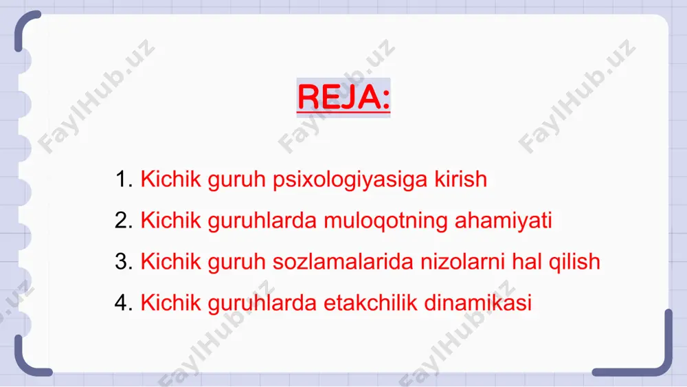 ntirishda hal qiluvchi rol o'ynaydi. kichik guruhlarda qaror qabul qilishning asosiy psixologik jihatlarini tushunish yanada samarali va birlashgan natijalarga olib kelishi mumkin, bu ham guruh a'zolariga, ham guruhning umumiy faoliyatiga foyda keltiradi. guruh dinamikasi va jamoaviy ish kichik guruhlar psixologiyasi kichik guruhlardagi xatti-harakatlar va o'zaro munosabatlarni tushunishga qaratilgan. guruh dinamikasi guruh ichidagi shaxslar bir-birlarining fikrlari, his-tuyg'ulari va harakatlariga qanday ta'sir qilishini o'rganadi. kichik guruhlarda jamoaviy ish juda muhim, chunki u umumiy maqsadlarga erishish uchun jamoa a'zolari o'rtasida hamkorlik, muloqot va muvofiqlashtirishni o'z ichiga oladi. samarali jamoaviy ish ishonch, muloqot va o'zaro hurmatni talab qiladi. guruh dinamikasini tushunish va jamoaviy ishlarni rag'batlantirish kichik guruhlarda samaradorlikni, ijodkorlikni va qoniqishni oshirishga olib kelishi mumkin. shuningdek, u muloqot, muammolarni hal qilish va qaror qabul qilish jarayonlarini yaxshilashi mumkin. 1 2 3 kichik guruhlardagi ijtimoiy ta'sir kichik guruhlardagi ijtimoiy ta'sir dinamikasini tushunish uchun kichik guruhlar psixologiyasini tushunish juda muhimdir. muvofiqlik va guruhli fikrlash kabi tushunchalarni …