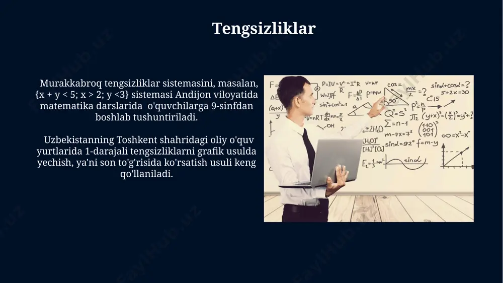 sofani 3 soatda bosib o‘tgan avtomobilning tezligini topish uchun tezlik = masofa/vaqt (v=s/t) formulasi va tenglama yordamida amaliy masalani hal qilishadi. andijonda 9-sinfda, 2000 so'mlik kitobning narxi 10%ga arzonlashgandan keyin yangi narxini topish uchun algebraik tenglama tuzish va uni yechish o'rganiladi. tenglamalarni o'rgatishda baholash tenglamalarni yechishdagi ko'nikmalarni baholashda 5-sinf o'quvchilari uchun samarqanddagi maktablarda amaliy topshiriqlar va testlar orqali 70% ball to'plash talab etiladi. farg'ona shahridagi liseyda tenglamalarni o'rgatish samaradorligini baholashda 20 ta o'quvchidan 15 tasi 80% dan yuqori ball olgan bo'lsa, o'quv jarayoni muvaffaqiyatli deb hisoblanadi. e'tiboringiz uchun rahmat @taqdimot_robot image5.jpg image6.jpg image7.jpg image8.jpg image9.jpg image10.jpg image11.jpg image12.jpg image13.jpg image14.jpg image15.jpg image16.jpg image17.jpg image18.jpg image19.jpg image1.jpg