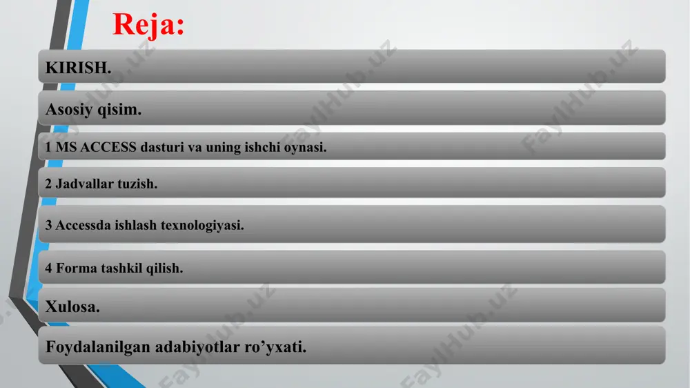 tilgan ulanishlar ulardan har qanday o’zgarishlarni aniqroq kuzatish imkoniyatini beradi va boshqa parametrlarni avtomatik ravishda moslashtiradi. dasturni ishga tushirish ms accessni ishga tushirish uchun birinchi bo’lib пуск tugmasi bosiladi va программы menyusiga o’tilib, paydo bo’lgan menyudan microsoft office bo’imi tanlanadi. dastur yorliqlari ro’yhatidan microsoft office access yorlig’i bosiladi. access dasturining tuzulishi. darchaning birinchi satrida ma’lumotlar bazasi nomi microsoft access deb ifodalangan, undan keyin menyular satri joylashgan файл правка вид вставка сервис окно справка uchinchi satrida стандарт paneli piktogrammalari joylashgan. darchaning keng qismi ishchi maydon hisoblanadi. jadval tuzish jadval tuzish – bu ma’lumotlarning o’ziga xos xususiyatlarini e’tiborga olgan holda uning maydonlarini ifodalash. bu jarayon mb oynasida создат tugmasini bosish bilan boshlanadi va quyidagi muloqot oynasi paydo bo’ladi. konstruktor tartibida jadval yaratish konstruktor tartibini tanlasak u holda maydonlar nomi ularning turi va xossalari kabi parametrlarni kiritish mumkin bo’lgan muloqot oynasi paydo bo’ladi. ushbu muloqot oynasi bu parametrlar barchasi klaviatura yordamida qo’lda kiritiladi …