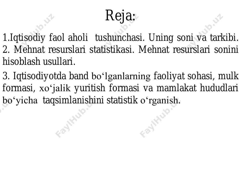 ilar, hamda ishlayotgan yoshlar (iyo) va nafaqachilar (in)dan iboratdir. • mehnat resurslari sonini quyidagicha hisoblash mumkin: • mr = mr - n + iyo + in. mehnat resurslari mulkchilik shakli belgisi bo‘yicha asosan 2-ta katta guruhga: davlat va nodavlat sektorida band bo‘lganlarga bo‘linadi. lekin nodavlat sektori o‘z navbatida: hissadorlik jamiyatlari, ijara korxonalari, xususiy korxonalar va dehqon xo‘jaliklariga guruhlanib urganiladi. bunday guruhlash natijasida aholining asosiy qismi qanday mulkchilik tasarrufida ishlayotgani va uning tarkibi qanday o‘zgarayotganligi aniqlanadi va tahlil qilinadi. ma’lumotlarga qaraganda hozir mehnat resurslarining 70 % dan ko‘prog‘i nodavlat sektor xo‘jaliklarida band va bu hissa yildan-yilga oshib bormoqda. mehnat resurslari tarkibi(ming kishi) 2000 2001 2002 2003 2004 2005 2006 2007 2008 2009 2010 2011 2012 2013 2014 2015 2016 2017 2018 mehnat resurslari 12469,0 12817,4 13181,0 13607,2 14048,8 14453,2 14816,5 15219,6 15685,7 16103,5 16726,0 17286,4 17564,3 17814,1 18048,0 18276,1 18488,9 18666,3 18829,6 doimiy aholiga nisbatan, foizda 50,6 51,3 52,2 53,2 54,3 …