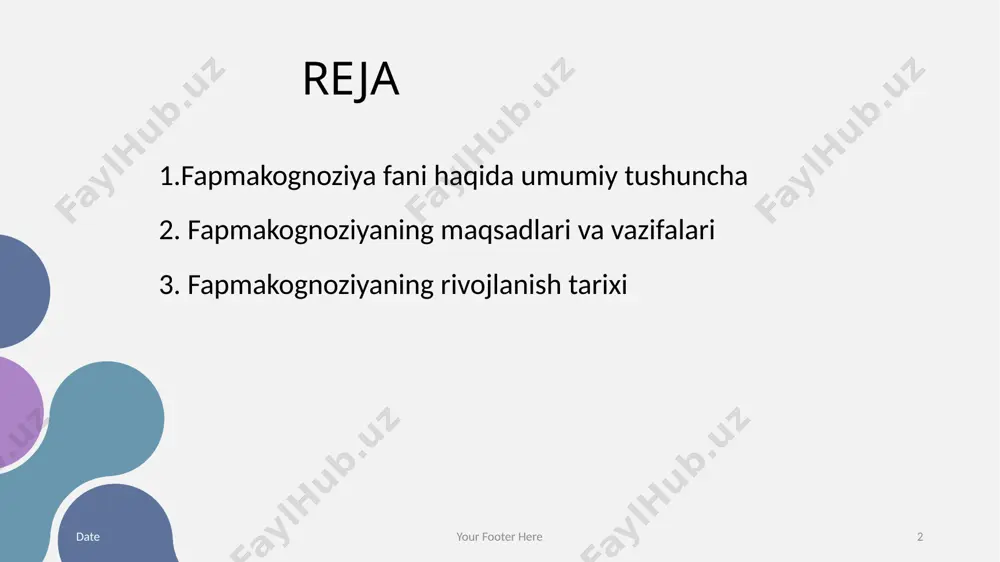 .com © copyright presentationgo.com – the free powerpoint and google slides template library 5 fapmakognoziya fanining vazifalari fapmakognoziya fanining asosiy vazifalariga o'simliklarning kimyoviy tarkibini o'rganish, ularning tibbiyotda qo'llaniladigan faol moddalarini aniqlash, dori vositalarining samaradorligini tekshirish va ekologik barqarorlikni saqlash kiradi. bu vazifalar orqali fan zamonaviy farmatsevtika sanoatining rivojlanishiga katta hissa qo'shadi. date your footer here 6 © presentationgo.com by: .com © copyright presentationgo.com – the free powerpoint and google slides template library 6 fapmakognoziya fanining rivojlanish tarixi date your footer here 7 fapmakognoziyaning rivojlanish tarixi qadim zamonlardan boshlangan. dastlab, xalq tabobatida o'simliklar dori sifatida ishlatilgan, ammo ilmiy tadqiqotlar orqali ularning tarkibi va ta'sir mexanizmlari aniqlana boshlandi. bugungi kunda fapmakognoziya zamonaviy texnologiyalar bilan boyitilgan va ilmiy yutuqlar bilan to'ldirilgan. © presentationgo.com by: .com fapmakognoziyaning asosan ishlatiladigan metodlari fapmakognoziya ilmida asosan kimyoviy, biologik va mikroskopik metodlar ishlatiladi. o'simliklardan faol moddalarni ajratish, ularning strukturasini aniqlash va biologik faolligini sinashda zamonaviy laboratoriya usullari, shu …