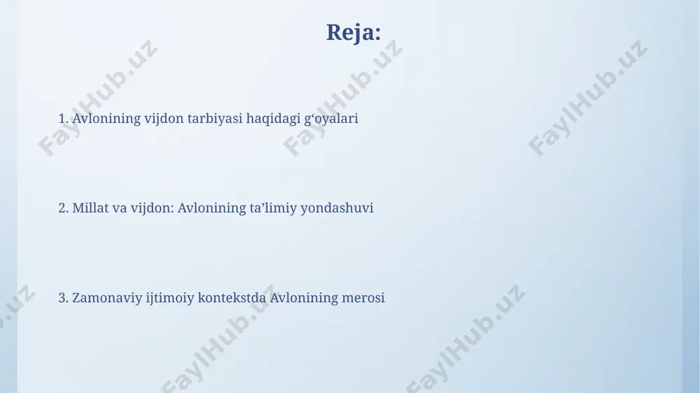 ng fikricha, ijtimoiy mas’uliyat hissi 10 yoshdan boshlab tarbiyalanishi va shaxsning axloqiy-ma’naviy kamol topishida muhim rol o‘ynaydi. vijdon erkinligi tushunchasi avloniyning asarlarida vijdon erkinligining chegaralari, 2 ta shart – jamiyat manfaatlari va qonunlarga bo’ysunish orqali aniqlanadi, bu esa o’z-o’zini tarbiyalashga urg’u beradi. "vijdon erkinligi" tushunchasi avloniyning pedagogik qarashlarida insonning ichki dunyosi, 5 ta his-tuyg’u va axloqiy tamoyillarining muhim ahamiyatga ega ekanligini ta’kidlaydi. millat va diniy qadriyatlar avloniy "millat va diniy qadriyatlar" asarida milliy ongning 3 ta asosiy tarkibiy qismini – til, din va an’analarni bir butun sifatida ko'rib chiqadi va ularning bir-biriga bog'liqligini ta'kidlaydi. kitobda 10 dan ortiq bobda islomning axloqiy tamoyillariga, musulmonlarning ijtimoiy hayotdagi o'rni va mas'uliyatiga bag'ishlangan qismlar mavjud bo'lib, ular orqali yaxshi odam tarbiyasi masalalari yoritiladi. insonparvarlik va mehr-oqibat kitobda, bolalarni 7 yoshdan boshlab axloqiy tarbiya berishning muhimligini ta'kidlab, amaliy maslahatlar va misollar keltirilgan. аvloniyning "insonparvarlik va mehr-oqibat" asarida 5 ta asosiy fazilat – halollik, saxovat, mehr-oqibat, …