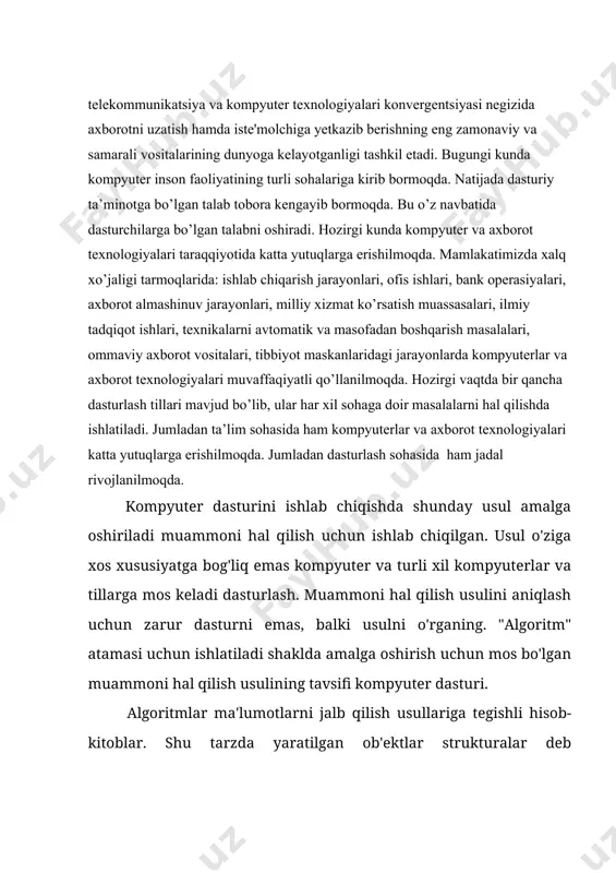 alanish algoritm- bu aniq hisoblashlami bajaruvchi protsedura bo"lib unga kirish qismida kattalik yoki kattaliklar berilib chiqishda natijaviy kattalik yoki kattaliklar olinadi. demak algoritm hisoblovchi qadamlardan tashkil topgan bo'lib, dastlabki qiymatlarga ko‘ra natijaviy kattaliklar qiymatini beradi. bu holatni sxematik tarzda quyidagicha tasvirlash mumkin. algoritmni qo‘yilgan hisoblash masalani (computational problem) aniq bajaruvchi uskuna sifatida ham qaralishi mumkin. algoritmlarda keltirilgan protseduralar yordamida kattaliklar bilan amallar bajarilib natijalar olinadi. masalan, biror sonlar ketma- ketligini orta borish tartibida saralash. saralash masalasi (sortingproblem) ga misol keltiramiz: kirish: n-ta sondan iborat sonlar ketma-ketligi (ai,a 2,...,a b). chiqish: n-ta sondan iborat sonlar ketma-ketligi (bi nil do begin writeln('mаrkа: ', curr^.name, ' tezlik: ', curr^.speed); curr:=curr^.next; end; write('enterni bosing'); readln; end; function findname(fn: namestr): link; var curr: link; begin curr:=head; while curr<>nil do if curr^.name=fn then begin findname:=curr; exit; end else curr:=curr^.next; findname:=nil; end; begin list_initialize; endmenu:=false; repeat clrscr; writeln(' ishlardan biri tanlansin:'); writeln('1.ro’yxatga birinch yuzish'); writeln('2. ro’yxatdagi birinchi …