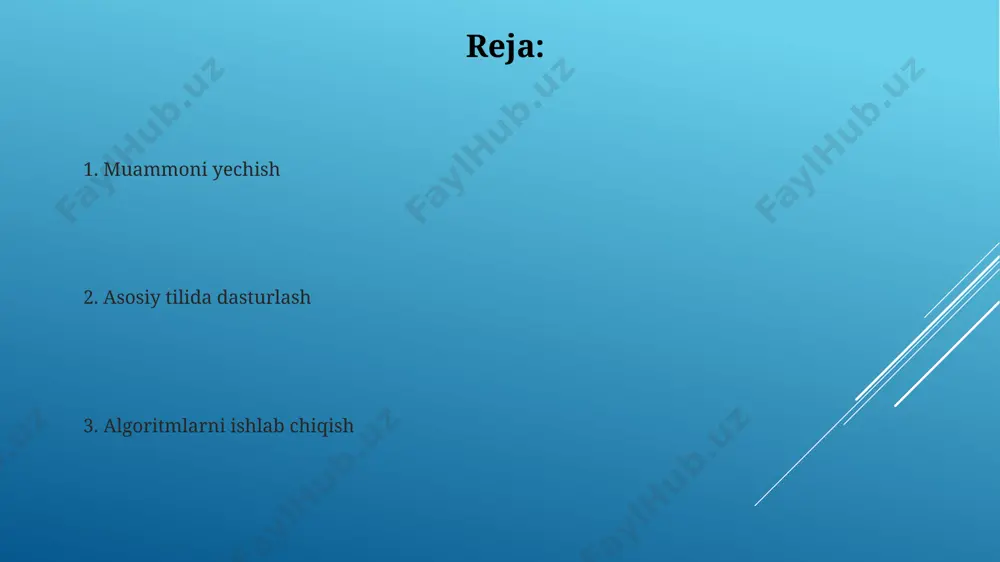 (loops) va shartli operatorlar (conditional statements) dan foydalanishda, indetatsiya (indentation) qoidalariga rioya qilish va 4-bo'shliqdan foydalanish kodning tuzilishini yaxshilaydi va xatolarni oldini oladi. dastur kodini yozishda 5 dan ortiq satrli funksiyalardan ehtiyotkorlik bilan foydalanish, kodning o'qilishi va tushunilishi uchun muhim ahamiyatga ega. blok operatorlarni 2-3 satr bilan cheklash samaradorlikni oshiradi. dasturlash muhitini tanlash va sozlash muhit sozlamalarida, kodni tuzish va xatolarni aniqlash uchun sintaksisni ta'kidlash (syntax highlighting) va avtomatik to'ldirish (autocompletion) kabi 5 dan ortiq foydali funksiyalarni faollashtirish kerak. dastur bajarilishini kuzatish uchun, debug rejimi va breakpointlarni qo'llash orqali 20 ta satrgacha bo'lgan kod qismlarini bosqichma-bosqich tahlil qilish mumkin. muammoni tahlil qilish va algoritmni ishlab chiqish algoritmlarni blok-sxemalar yordamida ifodalash, 5 dan ortiq bosqichli murakkab muammolarni soddalashtiradi va kod yozish xatolarini 15% ga kamaytiradi. muammoni qismlarga bo'lish (modullar) va har bir qism uchun alohida algoritm yaratish, katta hajmdagi loyihalarni 30% ga samaraliroq bajarish imkonini beradi. e'tiboringiz uchun rahmat @taqdimot_robot image1.jpg …