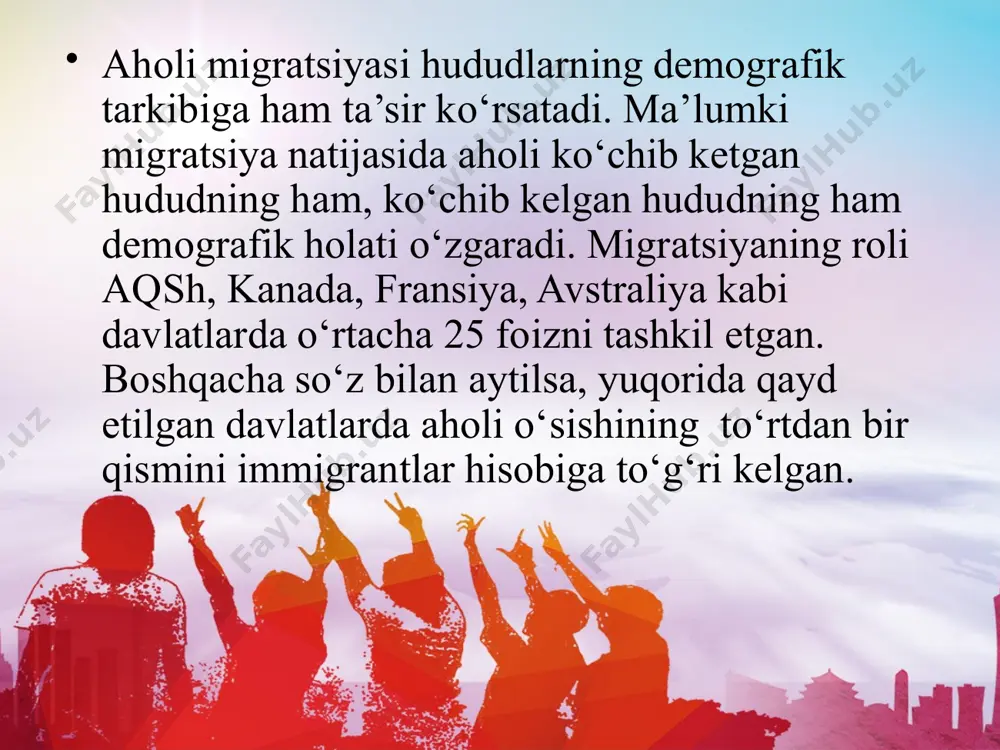 ning ishchilari tarkibida ham rossiyadan kelganlar salmog‘i yuqori edi. 1911 yilda toshkent shahar aholisining 25 foizi eski marg‘ilon aholisining 30 foizi, samarqand aholisining 20 foizi va andijonda 15 foiz aholini ruslar tashkil etgan. umuman xx asr boshlarida turkistonda 702 ta korxona faoliyat ko‘rsatgan bo‘lib, korxona ishchilarining 25 foizini rossiyadan kelgan migrantlar tashkil etgan. xx asrning oxirigi yillariga kelib sobiq sssrning parchalanishi va uning tarkibidagi qator davlatlarni, jumladan o‘zbekistonning ham mustaqil taraqqiyot yo‘lini tutishi aholining migratsion harakatida keskin o‘zgarishlarga sabab bo‘ldi. respublikaning yangi iqtisodiy, siyosiy sharoitga o‘tishi, ishlab chiqarishda yuzaga kelgan muammolar, inflyasiya jarayonining rivojlanishi, o‘lkadaga ma’lum ijtimoiy-iqtisodiy qiyinchiliklar tufayli o‘zbekistonda yashab kelayotgan ko‘plab mahalliy bo‘lmagan xalqlar o‘z ona yurtlariga keta boshladilar. 1989-1991 yillarda 375 ming yuqorida qayd etilgan xalq vakillari o‘zbekistondan ketdilar. ushbu yillarda har yili respublikadan o‘rtacha 125 ming kishi ketganligi qayd etilgan. mustaqilllikning dastlabki 5 yilligida respublikada ijtimoiy-iqtisodiy holat bir muncha stabillashib bordi. natijada o‘zbekistondan boshva davlatlarga ketish …