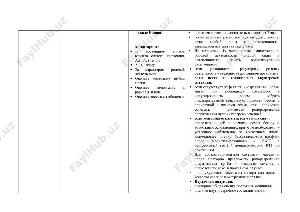 о возможных осложнениях, при этом необходимо – усиленное наблюдение за состоянием плода, включающее оценку биофизического профиля плода (модифицированного – иаж + нестрессовый тест) + допплерометрия, ктг по показаниям · при удовлетворительном состоянии матери и плода повторно предложить родоразрешение оперативным путём – кесарево сечение в плановом порядке, в противном случае: · при ухудшении состояния матери или плода – кесарево сечение в экстренном порядке. · неудачная индукция: · повторная общая оценка состояния женщины; · оцените внутриутробное состояние плода; · обеспечьте поддержку, принимайте решения в соответствии с предпочтениями женщины и клинической ситуацией. · проконсультируйте о возможных последствиях. преждевременный разрыв плодных оболочек- o42 преждевременный дородовый разрыв плодных оболочек пдрпо – с22-37 недель дородовый разрыв плодных оболочек дрпо · общий анализ крови · группа крови и rh-фактор · коагулограмма · анализ выделений на наличие околоплодних вод. · узи матки (кол-во о/плодных вод, положение и вес плода) · допплер-исследование плода · ктг по возможности. если нет …