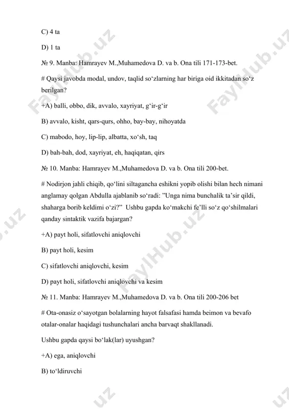 tor lablanmagan unlilar ishtirok etgan. +a) hechdan kech yaxshi. b) yer haydasang, kuz hayda, kuz haydamasang, yuz hayda. c) ko‘p so‘zning ozi yaxshi, oz so‘zning o‘zi yaxshi. d) oz so‘z – soz so‘z. № 17. manba: hamrayev m.,muhamedova d. va b. ona tili 16-bet # “yozuvchi sifatida bir narsani anglab yetganman va bu qoidaga qat’iy amal qilaman. qalamkash, avvalo, inson bolasining quvonch va iztiroblarini, muhabbati va nafratini, buyukligi va tubanligini haqqoniy tasvirlamog‘i lozim. shundagina uni kitobxon tan oladi, kitobini bag‘riga bosib o‘qiydi”. ushbu parchada otlarning nechtasi fonetik o‘zgarish asosida yozilgan? +a) 3 tasi b) 2 tasi c) 4 tasi d) 5 tasi № 18. manba: hamrayev m.,muhamedova d. va b. ona tili 69-bet # qaysi gapdagi barcha yasama so‘zlarning yetakchi morfemalari bir xil so‘z turkumiga kiradi. +a) o‘ynab gapirsang ham o‘ylab gapir. b) do‘stlik barcha boylikdan afzal. c) tikansiz gul, qiyinchiliksiz hunar bo‘lmas. d) ari zahrin chekmagan bol qadrin bilmas …