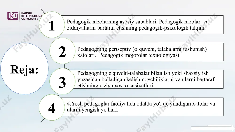 k; ichki yoki tashqi xavotir; bartaraf etish qiyin bo‘lgan qo‘rquv. inqiroz; pedagogik nizolarni keltirib chiqaruvchi omillar quyidagilar: • axborot omili; • munosabat omili; • hulq omili. pedagogik nizolar va ziddiyatlarning kelib chiqish sababları shaxsiy xususiyatlar har bir o'qituvchining o'ziga xos shaxsiy xususiyatlari, qarashlari, tarbiya uslublari bor. bu xususiyatlar pedagogik nizolarga sabab bo'lishi mumkin. o'quvchilarning xatti-harakatlari ba'zi o'quvchilarning tartibsizlik, intizomsizlik, beparvolik, yoki o'qishga qiziqmasliklari pedagogik nizolarga olib kelishi mumkin. tashqi omillar oila muammolari, ijtimoiy sharoitlar, o'quv muassasasida mavjud bo'lgan noqulay muhit ham pedagogik nizolarga olib kelishi mumkin. 10 pedagogik nizolar sabablari 11 o‘qituvchining baholash tizimi, o‘qitish uslubi yoki talabchanlik darajasi talabalar tomonidan ma'qul kelmasligi mumkin guruh loyihalari, akademik raqobat yoki shaxsiy kelishmovchiliklar talabalar o‘rtasida nizolarga sabab bo‘lishi mumkin. ma'muriyatning siyosati, qoidalari yoki moliyaviy qarorlari o‘qituvchilar yoki talabalar bilan ziddiyatlarga olib kelishi mumkin. akademik avtonomiya, o‘quv dasturi va resurslarni taqsimlash bo‘yicha qarama-qarshiliklar o‘qituvchilar va ma'muriyat o‘rtasida yuzaga keladi. pedagogik nizolar va ziddiyatlarning …