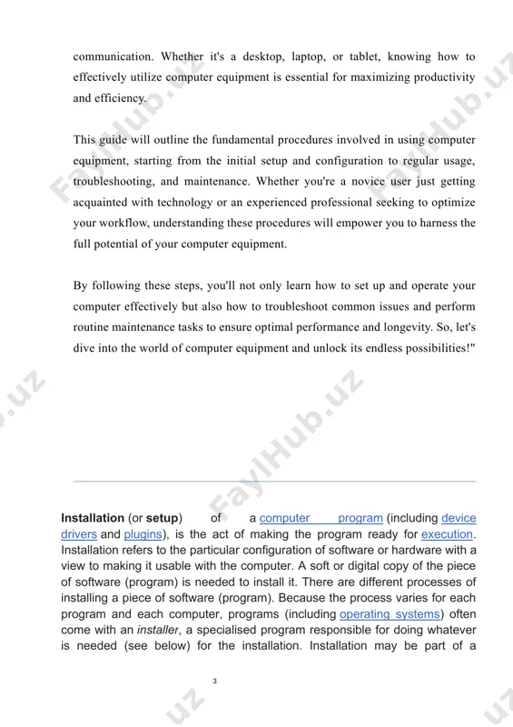 e—called the cursor—you can start typing. note that the mouse pointer is also called a cursor, but it is shaped differently. the keyboard cursor is also called the insertion point. some computer programs can be executed by simply copying them into a folder stored on a computer and executing them. other programs are supplied in a form unsuitable for immediate execution and therefore need an installation procedure. once installed, the program can be executed again and again, without the need to reinstall before each execution. these operations may require some charges or be free of charge. in case of payment, installation costs means the costs connected and relevant to or incurred as a result of installing the drivers or the equipment in the customers' premises. some installers may attempt to trick users into installing junkware such as various forms of adware, toolbars, trialware or software of partnering companies.[2] to prevent …
