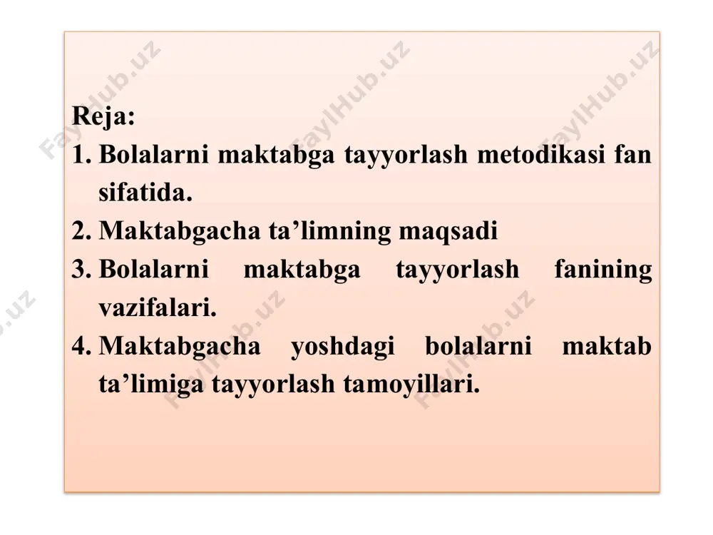 imiga umumiy va maxsus tayyorgarligi tushunchalarini bilishlari; bolalarni maktab ta’limiga tayyorlashni aniqlash yo‘llari va metodi, usullari to‘g‘risida bilimga ega bo‘lishlari lozim. «bolalarni maktabga tayyorlash» fanining boshqa fanlar bilan uzviy bog‘liqligi. maktabgacha yoshdagi bolalarni maktab ta’limiga tayyorlashda quyidagi tamoyillarga tayanish muxim: ta’lim olish motivatsiyasi-ta’lim jarayonining barcha qismini bolalarning extiyoji va qiziqishlariga ko‘ra tashkil etish; oliy jarayonlarni rivojlantirish- ta’limni tashkil etishda bolalardagi psixik jarayonlarning barchasi ishtirok etishi talab etiladi, turli xil faoliyatda muammoli vaziyatlarni muvaffaqiyatli xal etish va ijodiy faol xarakatni ta’minlash; ma’lumotlarni qayta ishlash-bolalar topshiriqlarni mustaqil ravishda bajaradi, muammo yechimini izlab, eng maqbul javoblarni tanlaydi va aniq xulosa chiqaradi. президентимиз шавкат миромонович мирзиёевнинг “одамларимиз ислоҳатлар самарасини келажакда эмас, балки бугун ўз ҳаётида ҳис этишлари зарур” – деган боқий фикрлари биз учун дастур амал бўлмоғи лозим. “aqliy xujum” tarbiyachi kim va u qanday sifatlarga ega bo‘lishi kerak? тарбиячи – тарбиячи – тарбиячи – - мактабгача ёшдаги болаларни ҳар томонлама ривожланиши учун кўмак …
