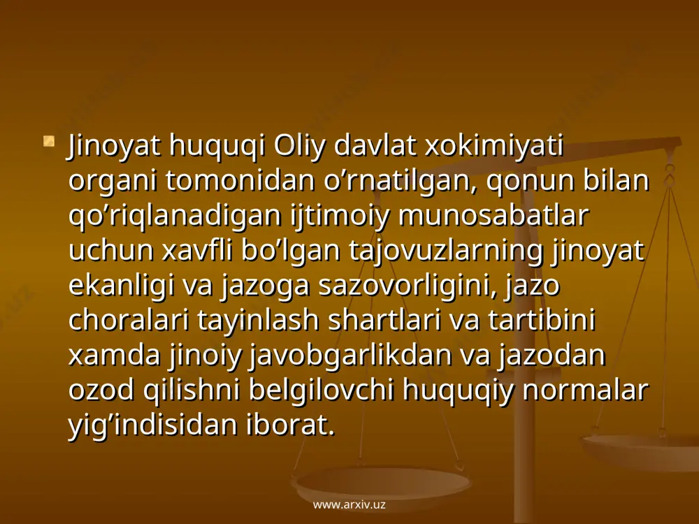 aydi, ijtimoiy xavfli qilmishlar sodir etgan shaxslarga nisbatan (qo’llanilishi mumkin bo’lgan jazo va boshqa huquqiy ta’sir choralarini belgilaydi. 1994 yil 22 sentyabrda qabul qilingan o’zbekiston respublikasi jinoyat kodeksi, 1959 yili qabul qilingan jinoyat kodeksidan uz vazifasi va qonun bilan qo’riqlanadigan ob’ektlari jixatidan fark qiladi. yangi jinoyat qonunida birinchi urinda shaxsni, uning huquq va erkinliklarini undan keyin jamiyat va davlat manfaatlarini ximoya qilish turadi. yangi jinoyat qonuni oldingi jinoyat qonunidan mulkning shakllariga karab ximoya qilishga asoslanmay, mulkning kanday shaklda ekanligidan kat’i nazar bir xilda ximoya qiladi. yangi jinoyat qonunida jinoyat – huquqiy ob’ektlar sifatida tabiiy muxit, tinchlik va insoniyatning xavfsizligi aloxida ajratib berilgan. www.arxiv.uz www.arxiv.uz jinoyat huquqining vazifasini keng ma’noda olganda jinoyat – huquqiy vositalari orqali jinoyatchilikka qarshi kurashdir. jinoyat kodeksining vazifalariga huquqiy tushuncha berilganda esa jinoyat huquqining bosh vazifasi ijtimoiy munosabatlarni qo’riqlashdan iboratdir. shuningdek jinoyat huquqi boshqa vazifalarni xam bajaradi. bularning eng muximi jinoyatchilikning oldini olishdir. bu jinoyatchilikning umumiy oldini …