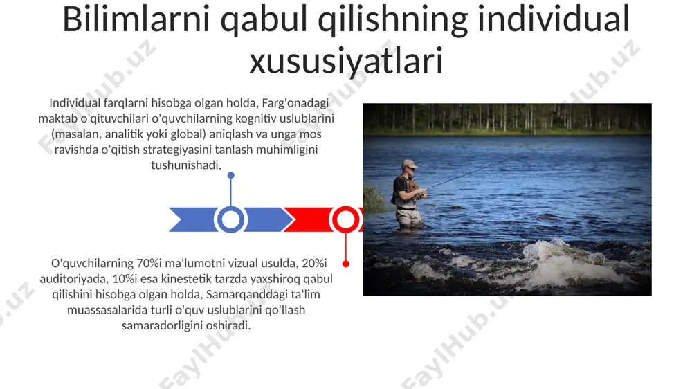, ayniqsa toshkentdagi maktablar bo'yicha. ta'lim jarayonida o'quvchining motivatsiyasi va o'ziga ishonchi kabi shaxsiy xususiyatlari muvaffaqiyat darajasiga 30% gacha ta'sir ko'rsatishi ilmiy tadqiqotlar bilan tasdiqlangan, masalan, toshkentdagi 5-maktab o'quvchilarida o'tkazilgan eksperiment shuni ko'rsatdi. xotira, e'tibor va fikrlash kabi kognitiv funksiyalar individual farqlarga ega bo'lib, ta'limning samaradorligiga sezilarli ta'sir ko'rsatadi; 100 nafar o'quvchidan olingan ma'lumotlarga ko'ra, bu farqlar 20% ga yaqin o'zgarishni keltirib chiqarishi mumkin. ta'lim faoliyatida shaxsiy xususiyatlarning roli ta'lim faoliyatining samaradorligiga ta'sir etuvchi omillar o'qituvchining pedagogik mahorati va shaxsiy xususiyatlari, jumladan, 50 nafar o'qituvchi ustida o'tkazilgan tadqiqot shuni ko'rsatdiki, empatiya va motivatsiya darajasi ta'lim samaradorligiga ijobiy ta'sir qiladi. samarqanddagi tajribalar buni tasdiqlaydi. ta'lim jarayonining samaradorligiga o'quvchilarning kognitiv qobiliyatlari, xususan, xotira (7±2 birlik), e'tibor va fikrlash darajasi kabi omillar sezilarli darajada ta'sir ko'rsatadi, bu esa toshkentdagi maktab o'quvchilarida kuzatilgan. ta'lim faoliyatida e'tibor va idrok ta'lim jarayonida e'tiborning 7 ± 2 birligi chegarasi mavjudligi, ya'ni o'quvchi bir vaqtning o'zida 5-9 ta …