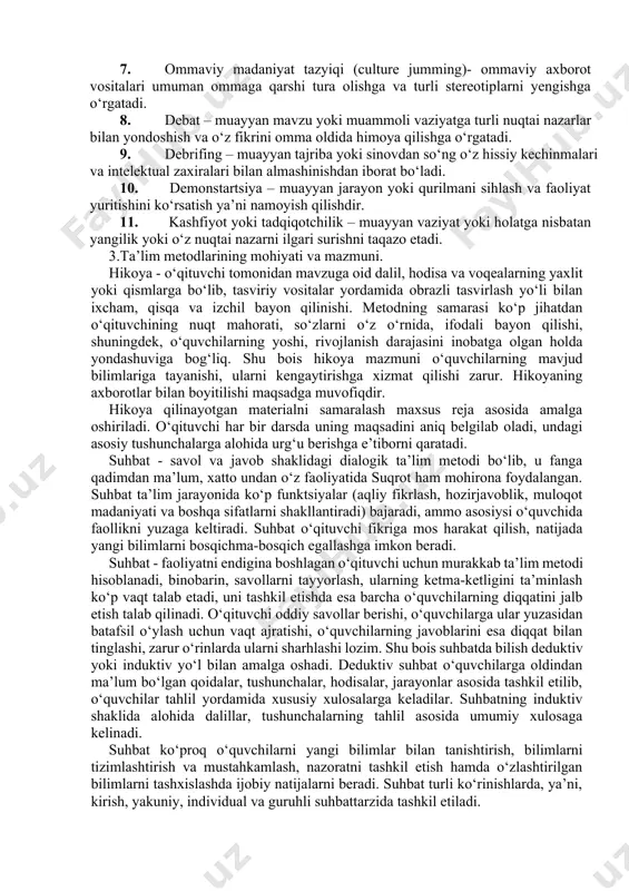 atsiyalash va rag‘batlantirish metodlari. · o‘quv-bilish faoliyatini nazorat va o‘z-o‘zini nazorat qilish metodlari. o‘qitish metodlari (sruikshank, bainer & metcalf) 1. ta’limiy o‘yinlar yoki raqobatchilik – raqobat orqali yoki o‘yin orqali qaysi guruh yoki alohida olingan shaxsning boshqalardan ustunroq ekanligini anglashga yordam beradi. komyuterli o‘yinlar ham juda mashxurdir. 2. brainstorming – ijodiy fikrlarni to‘plash uchun o‘tkaziladi,bunda ishtirokchilar tanqid va kesatiqlarsiz muayyan muammo yuzasidan o‘z fikrlarini ochiq oydin bayon etadilar va ushbu muammoning yechimini izlaydilar. masalan o‘quvchilarga dunyodagi ocharchilik muammosi haqida fikr bildirish vazifa qilib topshirilsa o‘quvchilar o‘z fikr mulohazalarini birin – ketin aytadilar, hamma fikrlar qayd etib olinganidan so‘ng ushbu muammo bilan kurashish usullarining eng maqbul variantlari ko‘rib chiqiladi. 3. case studi-case ta’limi turida 1 ta talaba yoki odatda bir guruh talabalar biror sodir bo‘lgan voqea yoki ma’lum vaziyatni tafsilotini namoyish etadilar. keyin ular biror bir aniq va to‘g‘ri fikrga kelishdan oldin, shu vaziyatni muhokama va o‘rganish un yig‘ilgan bilim va …
