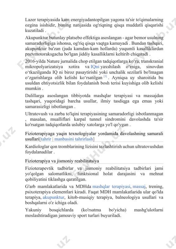 piya, akupunktur, kitob-musiqiy terapiya, balneologiya usullari va boshqalarni o'z ichiga oladi. yakuniy bosqichlarda (ko'rsatma bo'yicha) mashg'ulotlarni moslashtiradigan jamoaviy sport turlari buyuriladi. terapevtik jismoniy madaniyat[tahrir | manbasini tahrirlash] terapevtik jismoniy madaniyat (lfk) - bemorlar va nogironlarni davolash va reabilitatsiya qilish, shuningdek kasalliklarning oldini olish uchun jismoniy tarbiya vositalaridan (asosan jismoniy mashqlar) foydalanadigan tibbiy fan [ belgilash ] . jismoniy mashqlar terapiyasi mashg'ulotlaridan oldin isinish (termal) protseduralari belgilanishi mumkin, bu mashqlar paytida shikastlanish ehtimolini kamaytirishi mumkin, shuningdek, mashqdan oldin isinish, chunki isitilgan mushaklar va ligamentlar elastikroq bo'ladi [ belgilash ] . elektroterapiya bu usul og'riqni kamaytiradi, mushaklar tizimini harakatchan qiladi. btl kompaniyasi ishlab chiqargan fizioterapiya apparati elektroterapiyada ishlatiladi va albatta past va o'rta chastota toklarning keng qamroviga ega bo'ladi. ekran— ko'pincha sensorli bo'lganu uchun ishlatishni imkoni boricha soddalashtiradi, to'g'ri tanlangan va dasturlab qo'yilgan davolash tartibi har bitta be'morni davolash ko'rsatgichlarini tez va aniq belgilash imkonini beradi. ko'proq biling lazer terapiya to'qimalar harakatini …