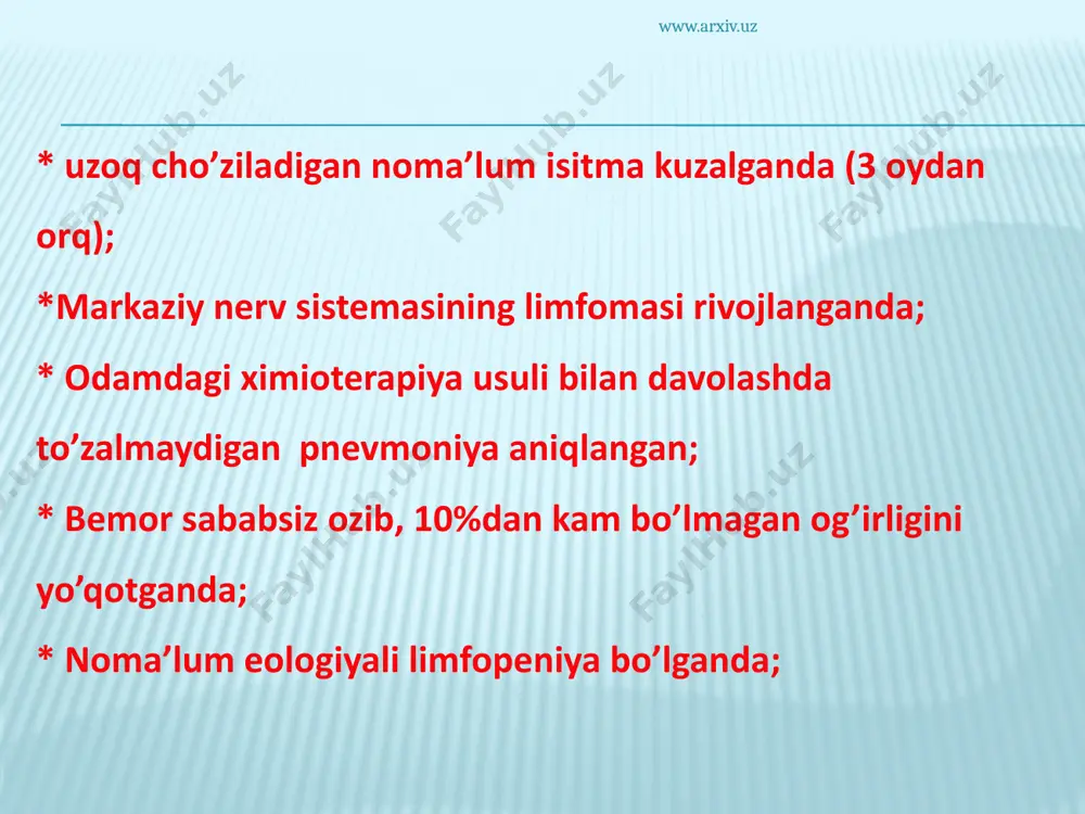 chiqildi www.arxiv.uz davosi. shu vaqtgacha ko’p dorilar tekshirib ko’rildi, lekin ularning bittasi ham yaxshi natija bermadi. davolash printsipi quyidagichadir: * oits virusiga ta’sir qilish. * organizmning immun holatini yaxshilash, ya’ni immunostimulatsiya usuli. * paydo bo’lgan har turli opportinustik (yondosh) kasalliklarga qaratilgan davo usullari. www.arxiv.uz bugungi kunga qadar juda ko’p maxsus virusga qarshi dorilar ishlab chiqilganki, ularning ta’sir jihatidan ikki guruhga ajratish mumkin: teskari trankriptsiya ingibitorlari. proteazalar (oqsillar) ingibitorlari. teskari trankriptsiya ingibitorlari o’z navbatida-nukleozidli va nukleozidli bo’lmagan turlarga bo’linadi. nukleozidli ingibitorlar sifatidagi dorilarga: zidovudin; didanozin; zaltsitabin; lamivudin; stovudin va boshqalar kiradi. nukleozidli bo’lmagan dorilarga- neviropin, delaverdin kiradi. www.arxiv.uz proteazalarga-qarshi dorilarga-indnavir, nelfinovar, ritonavir, va boshqalarni keltirish mumkin. davolanishning ikkinchi yo’li organizmning immun holatini yaxshilash ya’ni immunostimulatsiya usuli hisoblanadi. kasallikka qarshi kurashning uchunchi yo’li turli yondosh kasalliklarga qaratilgan davo usuli. ya’ni yuqorida ko’rsatilgan oitsning ikkilamchi kasalliklariga shu kasalliklarga ishlatiladigan dori darmonlar maxsus sistema orqali ishlatiladi. www.arxiv.uz foydalaniladigan adabiyotlar: najmiddinov o.m. oits toshkent 1998 …