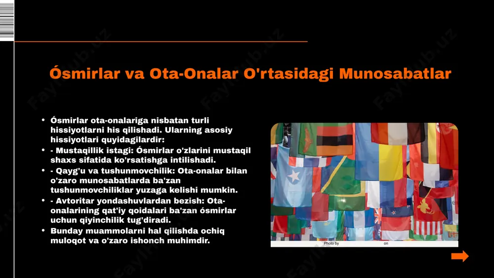 tkazish muhimdir, bu ularning bir-birini yaxshiroq tushunishlariga yordam beradi. - qiziqish va qo'llab-quvvatlash: ota-onalar ósmirlarning qiziqishlariga e'tibor berishlari va ularni qo'llab-quvvatlashlari zarur, bu esa ósmirlarga o'zlarini qadrlangan his qilishlariga yordam beradi. - tushunish va hamdardlik: ota-onalar ósmirlarning his-tuyg'ularini tushunishga harakat qilishlari va ularga hamdardlik ko'rsatishlari muhimdir, bu esa munosabatlarni mustahkamlashga olib keladi. photo by xhiliana on unsplash aloqa qiyinchiliklari va ularni yengish aloqa muammolari ota-onalar va ósmirlar o'rtasidagi aloqa muammolari ko'plab oilalarda uchraydi. bu muammolar ko'pincha o'zaro tushunmovchiliklardan kelib chiqadi. qiyinchiliklarning sabablari: - tushunmovchiliklar: farqli avlod tajribasi va fikrlari tushunmovchiliklarga olib keladi. - tezkor o'zgarishlar: ósmirlik davrida tez-tez o'zgarishlar sodir bo'ladi, bu esa ota-onalar uchun qiyin kechishi mumkin. - muloqot strategiyalarining yetishmasligi: ota-onalar va ósmirlar o'rtasida samarali muloqot qilish uchun zarur bo'lgan strategiyalar yetishmaydi. ushbu qiyinchiliklarni yengish usullari ota-onalar va ósmirlar o'rtasidagi aloqa qiyinchiliklarini yengish uchun ochiq va samimiy muloqot muhimdir. o'zaro fikr almashish, bir-birini tinglash va tushunishga harakat qilish, …