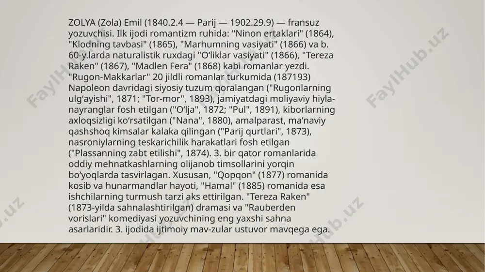 di (1899-yilda vataniga qaytadi). 3. xalq uchun teatr yara-tishni orzu qilgan edi. "fransiyaning olgʻa yurishi" turkumidagi dramalarida inqilobiy shior ostida mustabidlik ruhini yashirgan uchinchi respublikaga qarshi kurashni davom ettirishni maqsad qilgan edi. lekin bu maqsadini amalga oshirolmadi. 3. ro-manlarida garchi qaltis ijtimoiy ziddiyatlar tasvirlangan boʻlsa ham, u maʼlum siyosiy tuzumga dastyorlik qilishni or deb bilgan. u har doim oʻzi tanlagan tamoyilga — haqqoniyat ta-moyiliga sodiq qoladi. uning romanlarini oʻqib butun bir davr haqida tasavvurga ega boʻlish mumkin. 3. ning "hikoyalar" (1937), "tegirmon qamali" (1942) va "hamal" (1981, tarjimon xayrulla ergashev) asarlari oʻzbek tilida nashr etilgan. “hamal” asari haqida qisqacha. qahraton qish sovug'ida ham, bahorning pilch-pilch pallasida ham yog'och boshmoqlarini to'qqillatib, ko'mir konlariga borib kelayotgan zaxmatkashlar hayoti naqadar ayanchli... qorongi yer ostidagi og'ir mehnat, qashshoqlik, xukmron sinfning zolimligi shaxtyorlarda norozilikni kuchaytirib, ularni yorug' kelajak uchun kurashga otlantiradi. biroq ularning uyushqoqsizligi tufayli kurash barbod bo'ladi. ammo shaxtyorlar yorqin kelajak uchun kurashni davom …