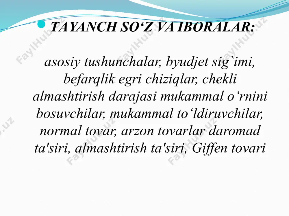 adi. agar biz unga ikki turdagi variantni ko‘rsatsak, u o‘ziga mosrog‘ini tanlaydi. agar ko‘rsatilgan ikki variant unga teng ma’qul bo‘lsa, iste’molchi ikkkalasini ham birdek qabul qiladi. biz hozir iste’molchining budjet sig`imini grafik ko‘rinishida tasvirlaymiz, shuningdek, uning tanlovini ham grafikda ifodalashimiz mumkin. buni befarqlik egri chiziqlaridan foydalanib amalga oshiramiz befarqlik egri chizig`i iste’molchini birdek xursand qila oladigan variantlarni taqdim etadi. shu tufayli befarqlik egri chizig`i doim iste’molchini qoniqtira oladigan takliflar kiritadi. iste’molchi tanlovi iste’molchi tanlovi iste’molchining ehtiyojini qondirishi uchun zarur bo’lgan pepsi va pitsani xarid qilish kombinatsiyalarini ko’rsatib beradi. chunki iste’molchi tanlovi i1 egri chiziqda yuqori farq qiladi, i2 egri chiziqda esa kamroq farq qilishini ko’rsatib beradi. chekli almashtirish normasi iste’molchining 1 ta pitsa o’rniga qancha pepsi xarid qila olishini ko’rsatadi. befarqlik egri chizig`i iste’molchining xohishini bir-birining o‘rnini bosuvchi tovarlar majmui bilan ham qondira oladi. bu chekli almashtiruv darajasi (mrs) deyiladi. yuqoridagi holatda chekli almashtiruv darajasi nazariyasi bo‘yicha pepsining nechtasi pitsaning …