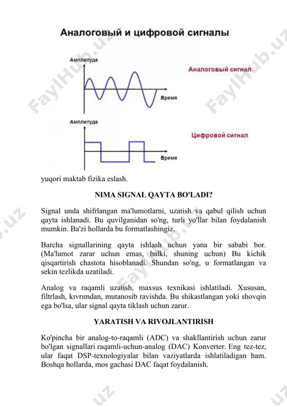 hollarda, mos gachasi dac faqat foydalanish. agar raqamli texnikasi foydalanishni amalga oshirish uchun jismoniy analog kodlari yaratishda maxsus vositalar bilan uzatiladi axborot tayanib. dinamik diapazoni signal qator desibellerde ifodalangan katta farq va kichik hajmi, hisoblab chiqilgan. u ish va ishlash xususiyatlari haqida to'liq bog'liq. biz musiqa va xalq o'rtasidagi odatiy dialoglar haqida bormoqda. biz olish bo'lsa, masalan, yangiliklar o'qiydi notiq, uning dinamik diapazoni 25-30 atrofida db hisoblanadi. va har qanday ish o'qish davomida u 50 db gacha o'sishi mumkin. analog signal analog signal, vaqtida ma'lumotlar uzatish usuli uzluksiz bo'ladi. a ziyon ba'zan ma'lumotlarning to'liq yo'qotadi olib keladi shovqin sovg'a, deb atash mumkin. juda tez-tez u erda u erda kodi eng muhim ma'lumotlar aniqlash mumkin emas vaziyatlar bo'ladi, va qaerda odatdagidek buzilishlarni. bu raqamli signal qayta ishlash ommaviyligini ko'p bo'ldi va asta-sekin, analog almashtirish, chunki u. raqamli signal raqamli signal u diskret funktsiyalari hisobiga tasvirlangan, muayyan ma'lumotlar oqimi hisoblanadi. uning amplituda …
