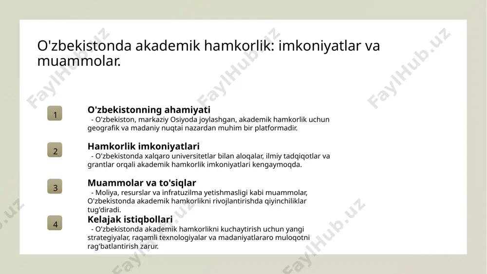 akademik muassasalar madaniy almashuvni qo'llab-quvvatlab, talabalar va o'qituvchilar o'rtasida o'zaro aloqalarni rivojlantirmoqda, bu esa ilmiy hamkorlikni kuchaytiradi. 4 madaniy tadbirlar o'zbekistonda o'tkaziladigan xalqaro madaniy tadbirlar, festival va ko'rgazmalar madaniy almashuvni yanada mustahkamlab, xalqlar o'rtasida do'stlikni oshirmoqda. akademik markazlar: ta'lim va tadqiqotda yangi imkoniyatlar. 1 akademik markazlar akademik markazlar, ilmiy tadqiqotlar va ta'lim jarayonlarini birlashtiruvchi muhim platformalar bo'lib, o'zaro aloqalarni va bilim almashuvini kuchaytiradi. 2 ta'lim yangiliklari o'zbekistonning akademik markazlari, zamonaviy ta'lim metodologiyalari va innovatsion texnologiyalarni qo'llab-quvvatlab, talabalarga sifatli ta'lim taklif etmoqda. 3 tadqiqot imkoniyatlari tadqiqotlar uchun ochiq maydonlar yaratish, ilmiy hamkorliklarni rivojlantirish va xalqaro grantlar orqali yangi tadqiqot imkoniyatlarini taqdim etadi. 4 madaniy aloqalar akademik markazlar, xalqaro hamkorliklar orqali madaniyatlararo aloqalarni rivojlantirib, global bilim va tajriba almashuvini kuchaytiradi. o'zbekiston va xalqaro hamkorlik: madaniyatlararo aloqalar. 1 xalqaro hamkorlik - o'zbekiston xalqaro hamkorlik orqali turli madaniyatlar va ilm-fan sohalari o'rtasida o'zaro aloqalarni rivojlantirmoqda, bu esa innovatsiyalarni rag'batlantiradi. 2 madaniyatlararo aloqalar - o'zbekistondagi …