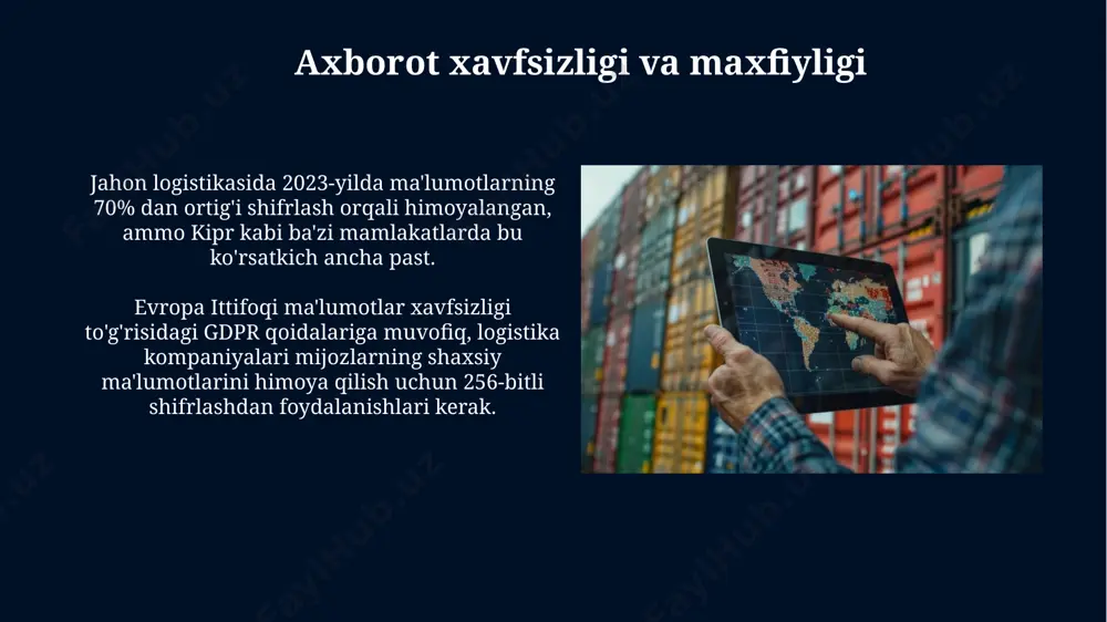alashgan logistika xizmatlari mavjud. global scm platformalari, masalan, oracle scm yoki sap, jahon boʻylab 200 dan ortiq mamlakatdagi logistika kompaniyalariga real vaqt rejimida maʼlumotlar almashish imkoniyatini beradi. innovatsiyalar va texnologiyalar jahon boʻylab yuk tashishda 30% ga yaqin vaqtni tejaydigan blockchain texnologiyalari singapur va gonkong oʻrtasidagi konteynerlarni kuzatishda samaradorlikni oshirmoqda. sun'iy intellekt (ai) yordamida, aqshning kaliforniya shtatida joylashgan kompaniya 15% ga yuk tashish xarajatlarini kamaytirdi va yetkazib berish muddatlarini 7 kun qisqartirdi. xizmatlarning turlari xalqaro logistikada aqshdan xitoyga elektronika mahsulotlarini yetkazib berishda, 5-7 kun ichida tezkor ekspress yetkazib berish xizmatlari bilan birga, bojxona rasmiylashtiruvi va sug'urta qilish xizmatlari ham mavjud. xalqaro yuk tashishda 3000 dan ortiq konteynerlarni qayta ishlashga ixtisoslashgan singapurdagi yirik logistika kompaniyalari, yuklarni kuzatish va real vaqtda ma'lumotlarni taqdim etish xizmatlarini taklif qiladi. barqarorlik va ekologik jihatlar jahon savdosi hajmining 2023 yilda 15% ga kamayishi, asosan, global iqlim o'zgarishlari va tabiiy ofatlar (masalan, pokistondagi sel) tufayli logistika tarmoqlariga bosim …