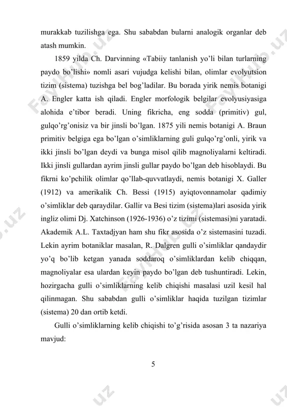 llel tomirlangan barglar. 6. oddiy butun barglar – oddiy bo’lingan barglar – murakkab barglar. murakkab barglar – ikkilamchi oddiy barglar. 7. ketma – ket joylashgan barglar – qarama – qarshi joylashgan barglar. 8. to’g’ri (aktinomorf) gullar – qiyshiq (zigomorf) gullar. 9. oddiy, yakka gullar – to’pgullar (ko’p gullar). 10. gul bo’laklari noaniq (ko’p) gullar – gul bo’laklari kam va aniq sonli gullar. 11. qo’sh gulqo’rg’onli gullar – oddiy gulqo’rg’onli yoki gulqo’rg’onsiz gullar. 12. gul bo’laklari birlashmagan (erkin) – gul bo’laklari qo’shilgan (birlashgan). 13. hasharotlar bilan changlanish-shamol yordamida changlanish. 14. ikki urupallali urug’ – bir urutallali urug’. 15. apokarp (tutashmagan) meva – senokarp (tutashgan) meva. 16. ko’p sonli changlar – kam sonli changlar. 17. ikki jinsli gul – bir jinsli gul. 18. ko’p urug’kurtak – bir urug’kurtak. magnoliyatoifalarning klassifikatsiyasi magnoliyatoifalarni klassifikatsiyalashning turli taksonlar orasidagi filogenetik qimmatini olimlar turlicha talqin etishadi va o’z sistemalarini qabila va oilalargacha yetkazishadi, xolos. faqat a. engleming …