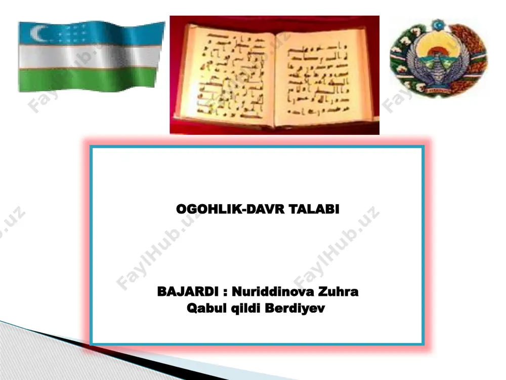 yishi, xorijiy investitsiyalar, kapital va tovarlar, ishchi kuchining erkin qarakati uchun qulayliklar vujudga kelishi, ko’plab yangi ish o’rinlarining yaratilishi, zamonaviy kommuni-katsiya va axborot texnologiyalarining, ilm-fan yutuqlarining tezlik bilan tarqalishi, turli qadriyatlarning umuminsoniy negizda uyg’unla-shuvi, tsivilizatsiyalararo muloqotning yangicha sifat kasb etishi, ekologik ofatlar paytida o’zaro yordam ko’rsatish imkoniyatlarining ortishi — tabiiyki, bularning barchasiga globallashuv tufayli erishilmoqda. shu ma’noda, globallashuv — bu avvalo hayot sur’atlarining beqiyos darajada tezlashuvi demakdir. 5 milliy g’oyamizning insonparvarlik qudratini oshirish uchun barcha davrlardagi milliy merosimizni to’la o’zlashtirishimiz kerak ekanligi. milliy g’oyani milliy meros bilan boyitish taraqqiyotimizning ma’naviy asoslaridan biri ekanligi. madaniy boyliklar. ma’naviyati yetuk kishilargina o’zlarining qilayotgan ishlarini nazorat qila bilishlari, nomunosib xatti-harakatlardan tiyilishlari zaruriyat. madaniyatning ilm, axloq, badiiy, diniy qadriyatlar kabi tarkibiy qismlari mavjudligi. “avesto” bebaho ma’naviy meros. xalq og’zaki ijodi va uning noyob durdonalari. gerodot, ksenofont kabi tarixchilarning asarlari, kul tegin obidasi, o’rxun-enasoy toshbitiklari, «alpomish» va «go’ro’g’li» dostonlarida ota-bobolarimizning chet el bosqinchilariga qarshi vatan, xalq …