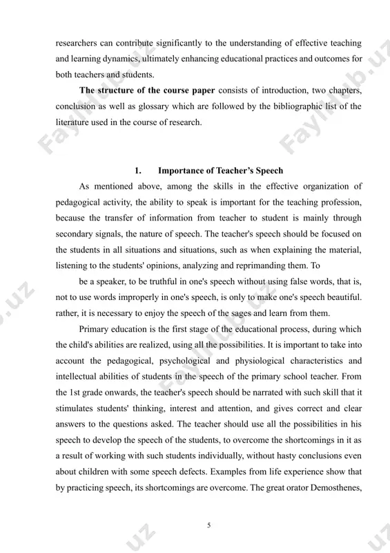 y to enjoy the speech of the sages and learn from them. primary education is the first stage of the educational process, during which the child's abilities are realized, using all the possibilities. it is important to take into account the pedagogical, psychological and physiological characteristics and intellectual abilities of students in the speech of the primary school teacher. from the 1st grade onwards, the teacher's speech should be narrated with such skill that it stimulates students' thinking, interest and attention, and gives correct and clear answers to the questions asked. the teacher should use all the possibilities in his speech to develop the speech of the students, to overcome the shortcomings in it as a result of working with such students individually, without hasty conclusions even about children with some speech defects. examples from life experience show that by practicing speech, its shortcomings are overcome. the great orator demosthenes, …