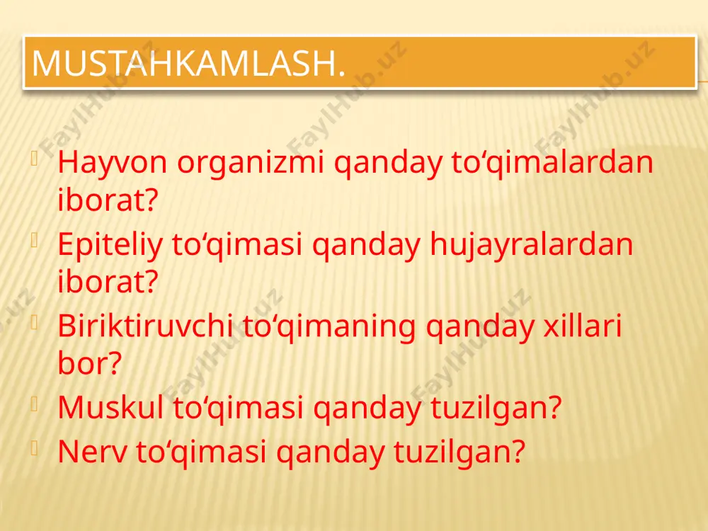 — urug‘langan hujay­raning bo‘linishi; 6, 7 — ikki qavatli embrion mustahkamlash. tana simmetriyasi nima? gidra ektodermasida qanday hujayralar bor? otuvchi hujayralar qanday vazifani bajaradi? endoderma hujayralari qanday vazifani bajaradi? regeneratsiya nima? poliplar — bu bo‘shliqichlilar: erkin yashaydigan; tuban tuzilgan; d) yopishib yashaydigan. zigota — tuxum hujayra: urug‘langan; qishlab qoladigan; urug‘lanmagan. gidra tanasi hujayralari va ular vazifasini juftlab yozing. teri-muskul; 1) ta’sirlanish, refleks hosil qilish; otuvchi; 2) regeneratsiya; nerv; 3) hazm qilish; oraliq; 4) qoplash, harakatlanish; xivchinli; 5) hazm shirasi ishlab chiqarish; bezli. 6) o‘ljani falajlash, himoya. topshiriq. lug` at daftaringizga yozib oling. polip, simmetriya, ektoderma, endoderma, teri-muskul hujayra, otuvchi hu­jayra, nerv hujayra, oraliq hujayra, regeneratsiya, spermatozoid. quyidagi savolga javob toping. ko‘p hujayralilarning xivchinli bir hujayralilardan kelib chiqqanligi taxmin qilinadi. 12 va 13-rasmdan foydalanib, gidra tuzili- shining qaysi xususiyatlari xivchinlilarga o‘xshashligini aniqlang. quyidagi topishmoqni toping va unga tavsif bering. bir og‘izga o‘n xizmatkor. qanday o‘lja unga darkor? 35 mustahkamlash. aktiniyalar qanday …