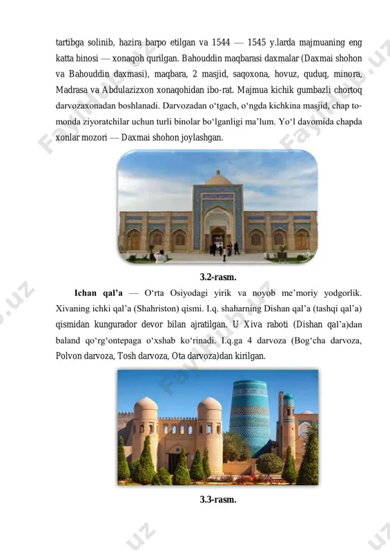 ilgan. u xiva raboti (dishan qalʼa)dan baland qoʻrgʻontepaga oʻxshab koʻrinadi. i.q.ga 4 darvoza (bogʻcha darvoza, polvon darvoza, tosh darvoza, ota darvoza)dan kirilgan. 3.3-rasm. bizda avvalo bobokalonlarimiz chizma bilan ishlaganliklari haqida so‘z yuritsak oddiy grafik tasvirlashda ishlaganliklariga ming yillardan oshib ketgan. ular o‘z asarlarida chizmalardan mohirona foydalanishgan. bunga misol qilib ibn sinoning “donishnoma”sini ko‘rsatish mumkin. “donishnoma”ning geometriyaga bag‘ishlangan bobida chizmachilik asboblaridan serkul va chizg‘ich bilan ishlaydigan masalalarni bajarish tartibini yoritib bergan. mexanika bilan bog‘liq bobida esa chizg‘ich, richag, blok, pona, vintga o‘xshagan oddiy moslamalarni tuzilishi va yaqqol tasviri grafik tasvirlarda ko‘rsatib berilgan. dizaynda esa hammamizga mag‘lumki, o‘tmish qadriyatlarimiz halqimizning bebaho madaniy merosidir. ko‘hna samarqand, buxoro, xiva, shaxrisabz, turkiston kabi shaharlarni ko‘z oldimizga keltirar ekanmiz, dastlab o‘sha muqaddas qadamjolardagi turli davrlarda bunyod etilgan o‘tmishning bebaho me’moriy yodgorliklari ko‘z oldimizda gavdalanadi. masalan, “ko‘kaldosh” madrasasi toshkent shahridagi tarixiy obidalardan biri sanaladi. madrasa 1551-1575 yillar orasida qurib ishga tushirilgan. bunga dalil sifatida tarixchilar 1569-1570 yillarda …