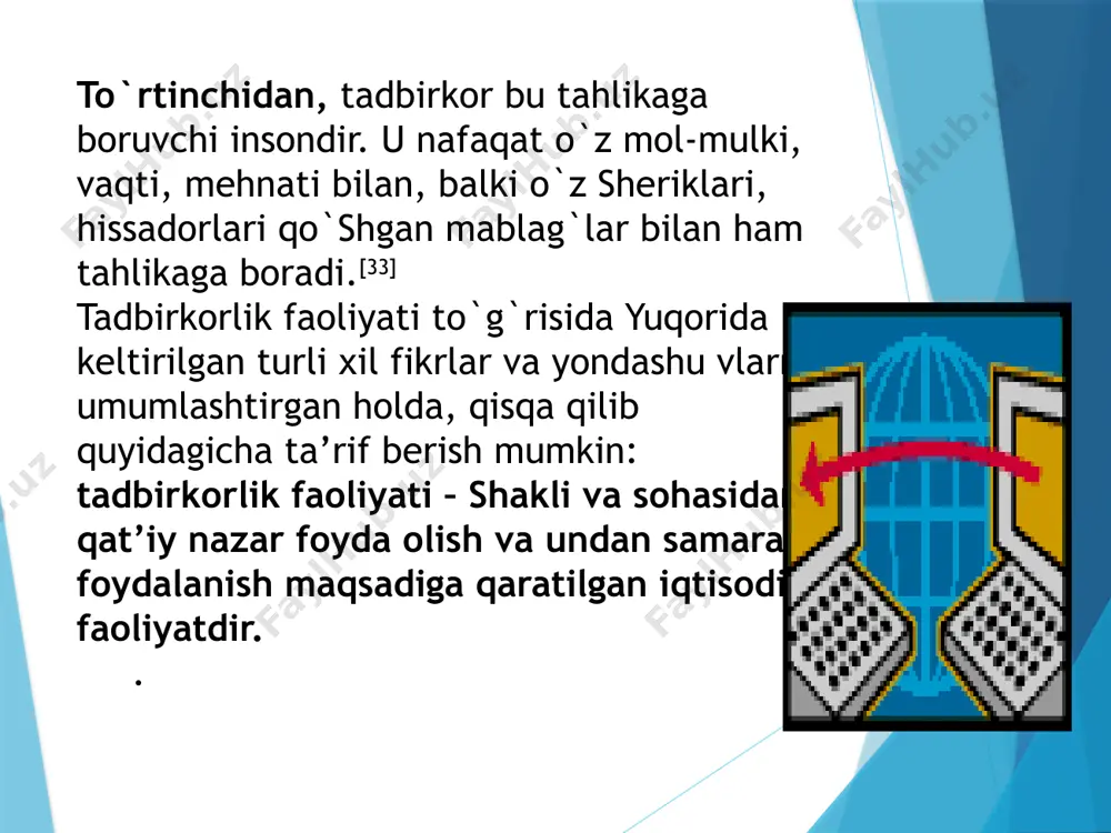 i. aktsiya – bu uning egasi hissadorlik jamiyati kapitaliga o`zining ma’lum hissasini qo`shganligiga va uning foydasidan dividend shaklida daromad olish huquqi borligiga guvohlik beruvchi qimmatli qog`ozdir. bundan tashqari, aktsiya korxonani boshqarishda qatnashish huquqini ham beradi tadbirkor ixtiyorida bo`lib, foyda olish maqsadida ishlatiladigan barcha moddiy vositalar, tovarlar va pul mablag`lari birgalikda tadbirkorlik kapitali deb ataladi. tadbirkorlik kapitali ishlab chiqarish va muomala jarayonida doimo harakatda bo`ladi va bu harakat jarayonida bir qator bosqichlarni bosib o`tadi. ishlab chiqarishga sarflanadigan har qanday sarmoya o`z harakatini pul shaklidan boshlaydi. pul (p) tegishli resurslar bozoridan zarur tovarlar, ya’ni ishlab chiqarish vositalari (iv) va ishchi kuchi (ik) sotib olishga sarflanadi (avanslanadi). bu holda pul shu nchaki tovarlar sotib olishgagina emas, balki ishlab chiqarish uchun zarur bo`lgan iqtisodiy faoliyat omillarini sotib olishga sarflanadi. ushbu muomala sohasida pul kapitali o`z harakatining birinchi bosqichidan o`tadi: kichik biznes sub’ektlari – korxona ko`lami, ishlab chiqarish hajmi, ishlovchilar soni, moliyaviy mablag`lari miqdori va …
