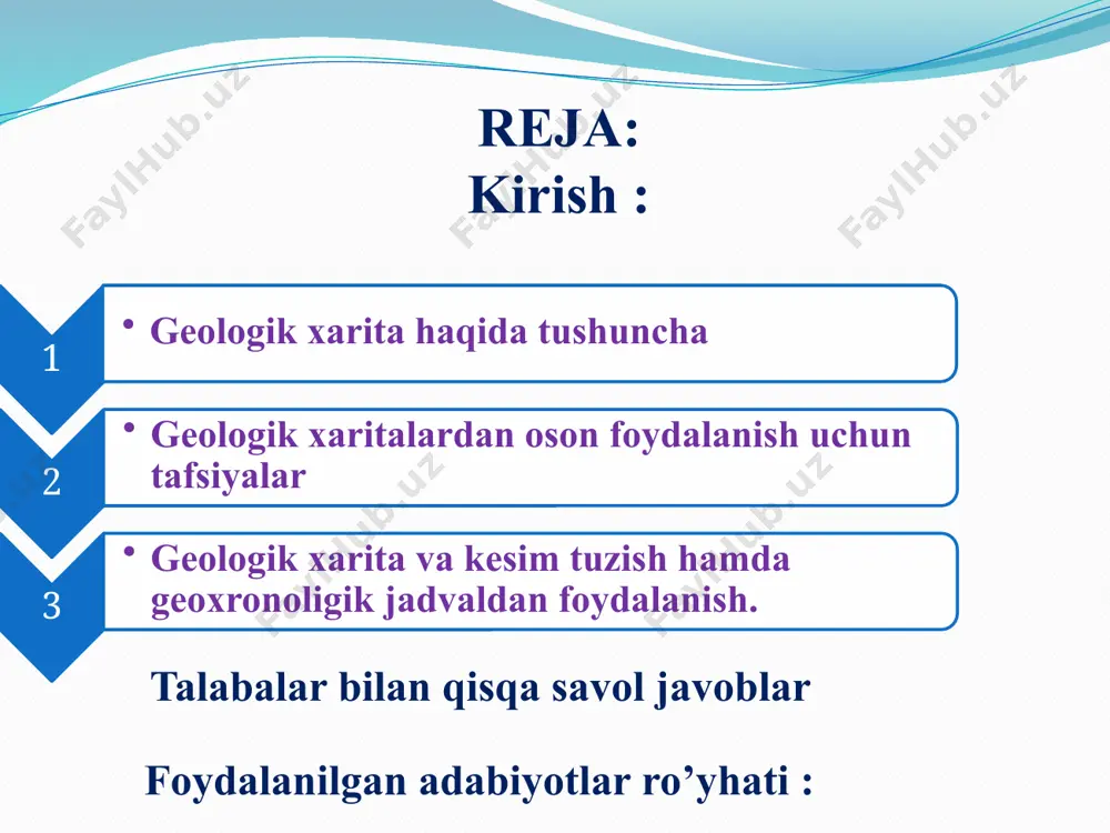 gik xaritalar deb yuritiladi geologik xaritalar topografik asosda syomka natijalarida foydalanib tuziladi. geologik xaritalarda tekis chiziqlar bilan turli tarkibdagi va yoshdagi tog’ jinslarining chegarasi, ranglar va indekslarda (belgilar) tog’ jinslarining yoshi (geoxronologik jadvaldan foydalanib), shtrixovkalarda tog’ jinslarining tarkibi ko’rsatiladi. ushbu mavzu bo’yicha geologik syomka natijasida tuzilgan dala geologik syomka xaritasi beriladi. dala geologik xaritasida geologik syomka natijasida aniqlangan va xujjatlashtirilgan tabiiy ochilmalar shartli belgilarda tushirilgan bo’ladi. eralar davrlar: ranglari indekslar yoki belgilar arxey ap arxey erasi malinasimon qizil ар paleozoy pz kembriy davri ko’kimtir yashil e ordovik to’q yashil о silur yashilsimon jigarrang s devon jigarrang d toshko’mir kulrang c perm sarg’ish-jigarrang p mezazoy mz trias och-binafsha т yura ko’k j bo’r och-yashil к kaynazoy kz poleogen yarqiragan sariq p neogen limon-sariq n to’rtlamchi sarg’ish-kulrang q geoxronologik jadvalda qabul qilingan ranglar va belgilar geologik xaritalardan oson foydalanish uchun ularga shartli belgilar (ranglar, belgilar, shtrixovkalar) geologik kesimlar tumanning geologik tuzilishi haqida …