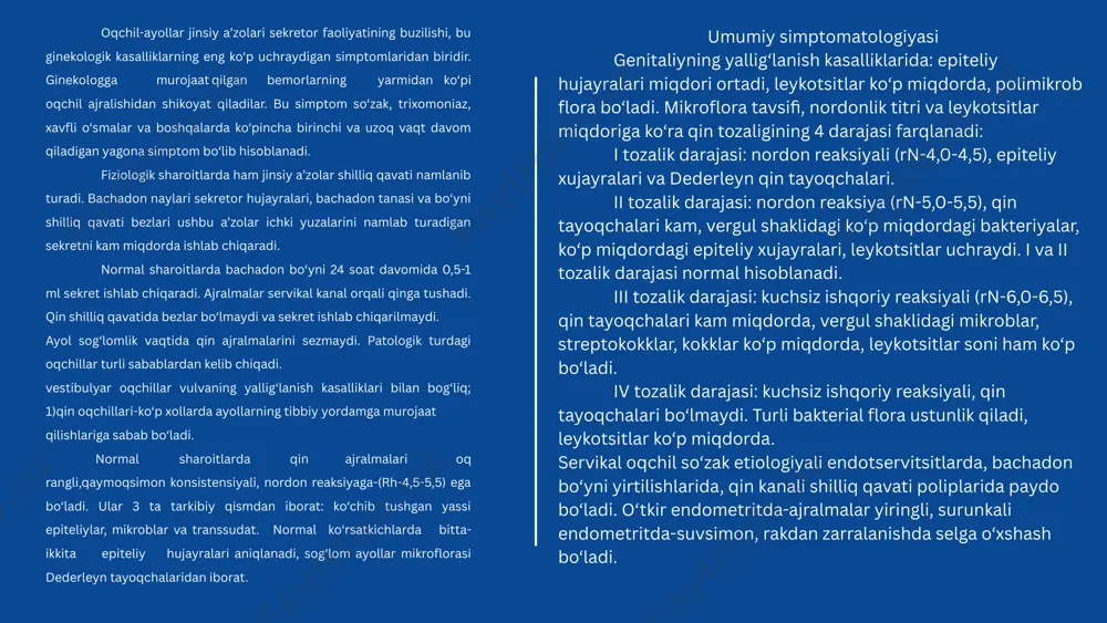 iy shikoyatlar 3.ayolning boshidan kechirgan somatik va boshqa kasalliklari.ayolning bolaligida va jinsiy balog‘atga yetilish davrida kechirgan somatik va boshqa kasalliklari muhim ahamiyatga ega. yuqumli kasalliklarning yuqori indeksi ko‘pincha reproduktiv tizim faoliyatini boshqaruvchi markazlarning tiklanish jarayoniga yolg‘on ta’sir qilib, xayz sikli buzilishi, reproduktiv faoliyatining buzilishi va neyro-endokrin kasalliklarning kelib chiqishiga olib keladi. ko‘shimcha shikoyatlar oilaviy anamnezi. ko‘pgina kasalliklarning irsiy ekanligini hisobga olib, birinchi, ikkinchi va undan keyingi avlodga mansub qarindoshlarda ruhiy kasalliklar, endokrin buzilishlar, o‘smalar yurak-tomir tizimida patologiya mavjudligi haqida ma’lumot yig‘ish shart. anamnez ma’lumotlari asosida 50-70% bemorlarga to‘gri diagnoz qo‘yish va keyingi ob’ektiv tekshirish usullarini tayinlash mumkin anamnez yig‘ib bo‘lgandan so‘ng ayolni ko‘zdan kechiriladi. ko‘zdan kechirish davomida bo‘yi va vazniga, tana tuzilishiga, yog‘ to‘qimasining rivojlanish xususiyatlariga e’tibor beriladi. erkaksimon va bichilgansimon tana tuzilishlari farq qilinadi. tana vazni ortiqcha bo‘lgan hollarda, qachondan boshlab: bolaligidan, pubertat yoshdan, jinsiy hayot boshlangandan , abort yoki tug‘ruqdan so‘ng semirganligini aniqlash shart. tuklanish tavsifiga e’tiborni qaratish …
