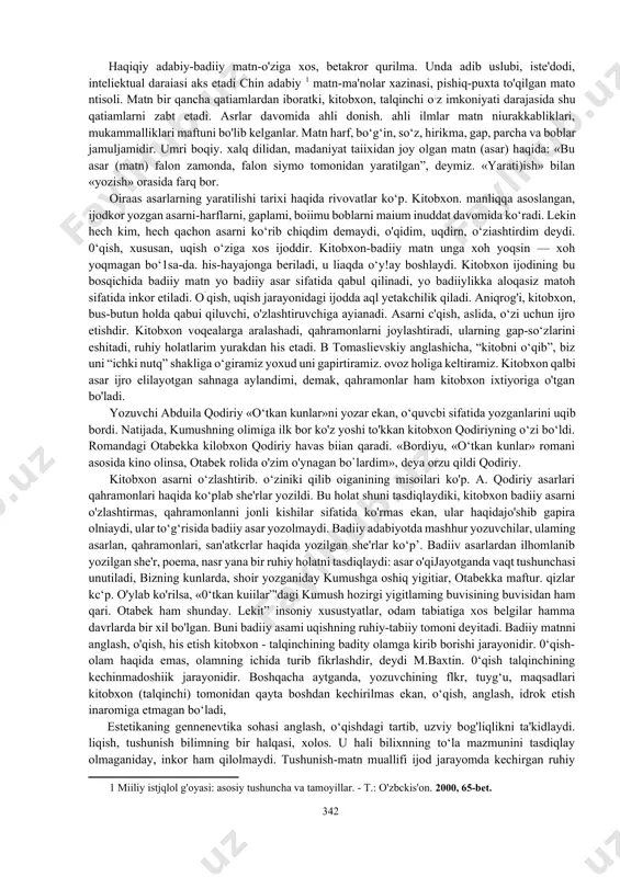 nafosatshunosligi (retseptiv estetikajdir. madaniyatli inson borki, qadriyatlarni e'zozlash, o'rganish, olzlash- tirish yo'lidan boradi. bu — murakkab jarayon, ruhiy-ma’naviy holat. qadrivatlarni o'zlashtirish, anglah yetisb retseptiv cstetika predmetidir. 0‘ziashtirish nafosatshunosligj qadrivat, xususan, badiiy ijod namun- larini qabul qilish, mh-ongga singdirish jarayonini yoritsa, adabiy talqin o‘zlashtirilgan qadriyat, go'zallikning hayotga qaytarilishi, boyitilgan qadriyat sifatida qayta tug'iiish holatidir. shunday qarash mayiudki, adabiy matn, tahlil, talqin jarayonidan keyingina yo badiiy asar maqomini oladi, yo yaroqsiz matoh sifatida inkor etiladi. tahlil va talqin ichjd va tashqi jarayon sifatida kechadi. adabiy matn yaratuvchisi, ayni paytning o'zida ichki, yashiriri talqinchi hamdir. matr yaratuvchining iste'dodi vuksak bo'isa, uning taiqincni, tanqidchi sifatidagi talabchanligi ham shunchalik jiddiy, shafqatsiz bo'ladi. 2. talqiniy yondashuvlar yoxud maqsadli tahlil. adabiy tanqid–keng qamrovli soha. sharoit, vaziyat adabiy tanqidning goh u, goh bu yo'nalishda rivojlanishini taqozo etadi. xx asr o'zbek tanqidchiligi murakkab holatlami boshidan kechirdi. asr boshlaridagi yangi shakliangan adabiy tanqid ruhida millatpar- varlik, xolis adabiy talqinga intilish …