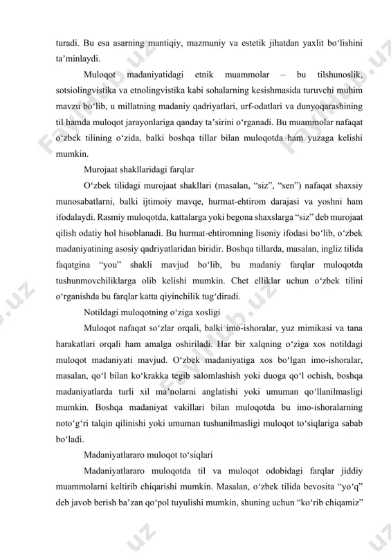 holat toʻgʻridan-toʻgʻri muloqotga odatlangan boshqa xalqlar uchun notoʻgʻri tushunilishi mumkin. bunday holatlar madaniyatlararo tushunmovchilikka va hatto mojarolarga olib kelishi mumkin. tadqiqot metodologiyasi va amaliy ahamiyati – bu etnolingvistika sohasidagi har qanday ilmiy ishning ajralmas qismidir. u tadqiqotning qanday usullar yordamida olib borilishini va olingan natijalarning jamiyat uchun amaliy qiymatini belgilaydi. bu yondashuv til va madaniyat oʻrtasidagi chuqur aloqalarni oʻrganishga qaratilgan boʻlib, tilshunoslik, sotsiologiya va antropologiya kabi fanlarning kesishmasida turadi. tadqiqot metodologiyasi etnolingvistik tadqiqotlar turli manbalar va usullarga asoslanadi. dalalararo tadqiqotlar (fieldwork): tadqiqotchi turli hududlarga borib, til egalari, ayniqsa, sheva vakillari bilan muloqot qiladi. bu yondashuv orqali ularning nutq odatlari, soʻzlashuv uslubi va imo-ishoralari bevosita oʻrganiladi. bu jarayon xalqning muloqot madaniyatini tabiiy sharoitda tahlil qilishga imkon beradi. soʻrovnomalar va intervyular: maʼlum bir etnik-madaniy hodisani, masalan, oiladagi muloqot uslubini yoki ayrim soʻzlarning qoʻllanilish chastotasini oʻrganish uchun keng koʻlamli soʻrovnomalar va chuqur intervyular oʻtkaziladi. bu yondashuv tilning turli ijtimoiy qatlamlar orasida qanday farqlanishini …